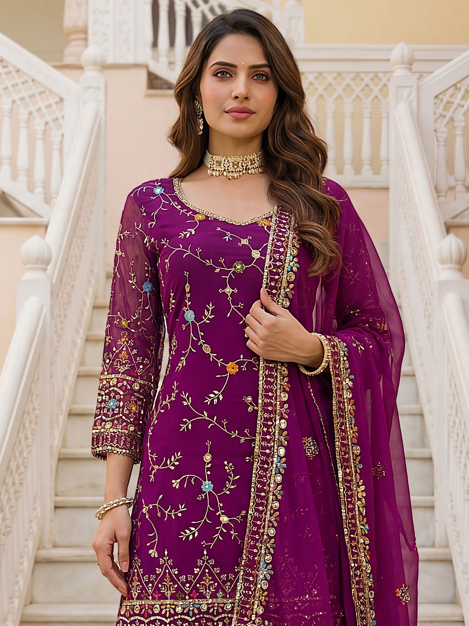 Dark Purple Floral Work Sharara Style Salwar Suit