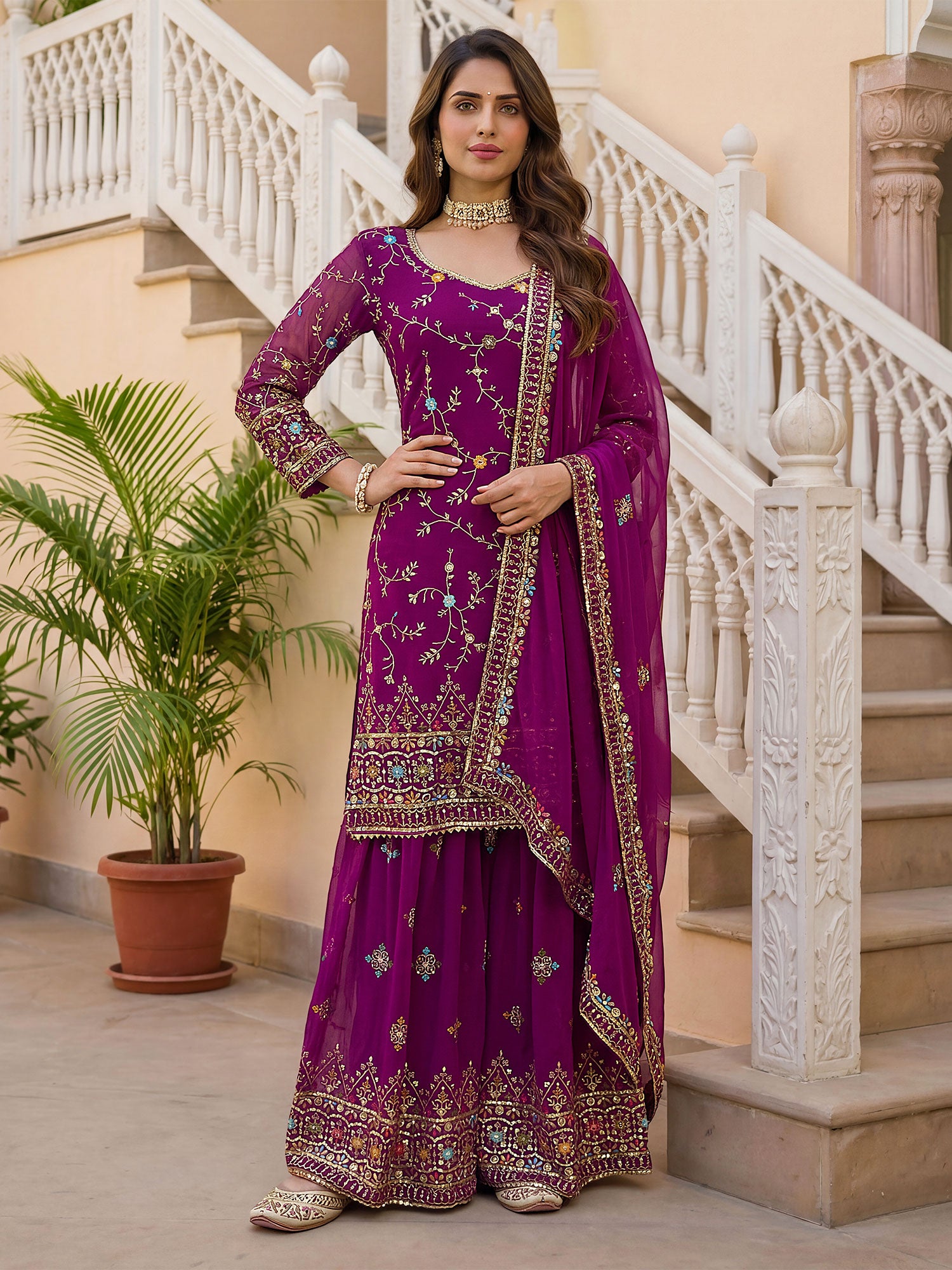 Dark Purple Floral Work Sharara Style Salwar Suit
