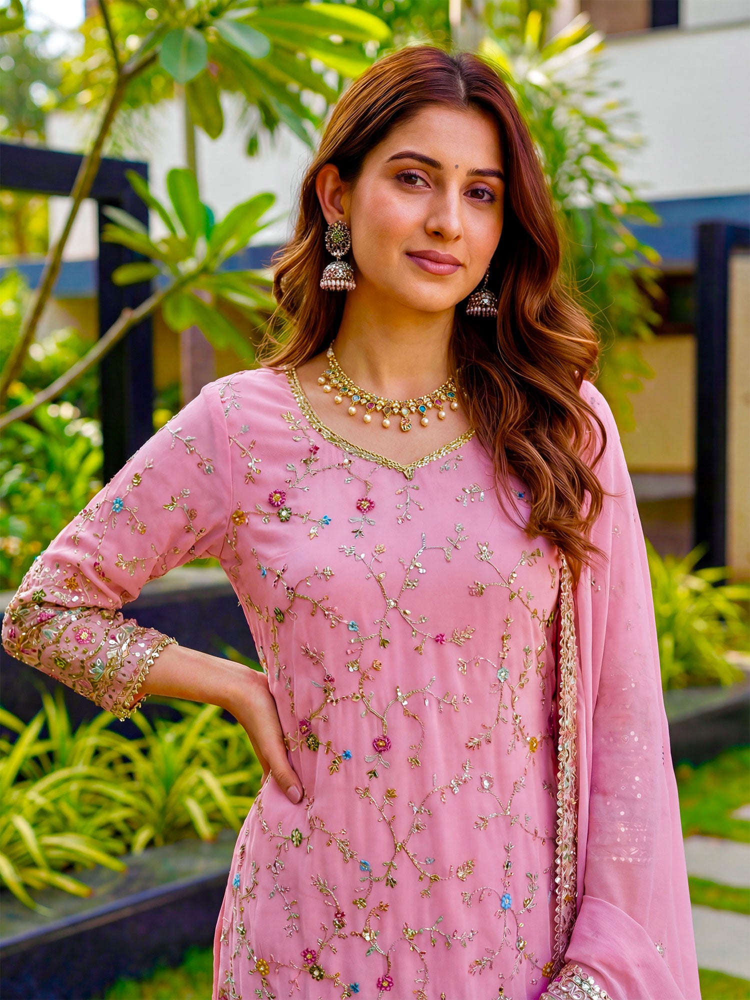 Light Pink Floral Thread Embellished Salwar Suit