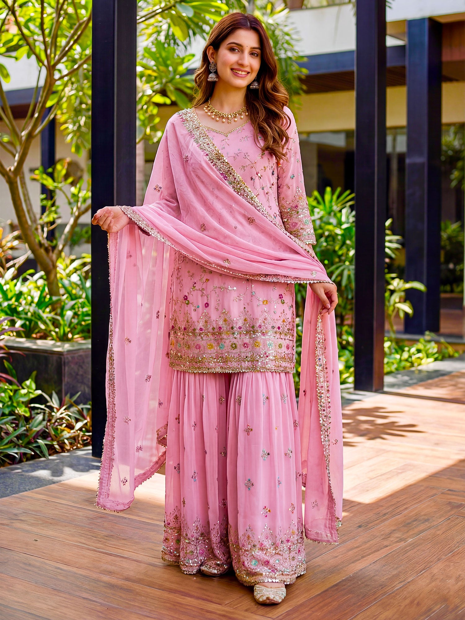 Light Pink Floral Thread Embellished Salwar Suit