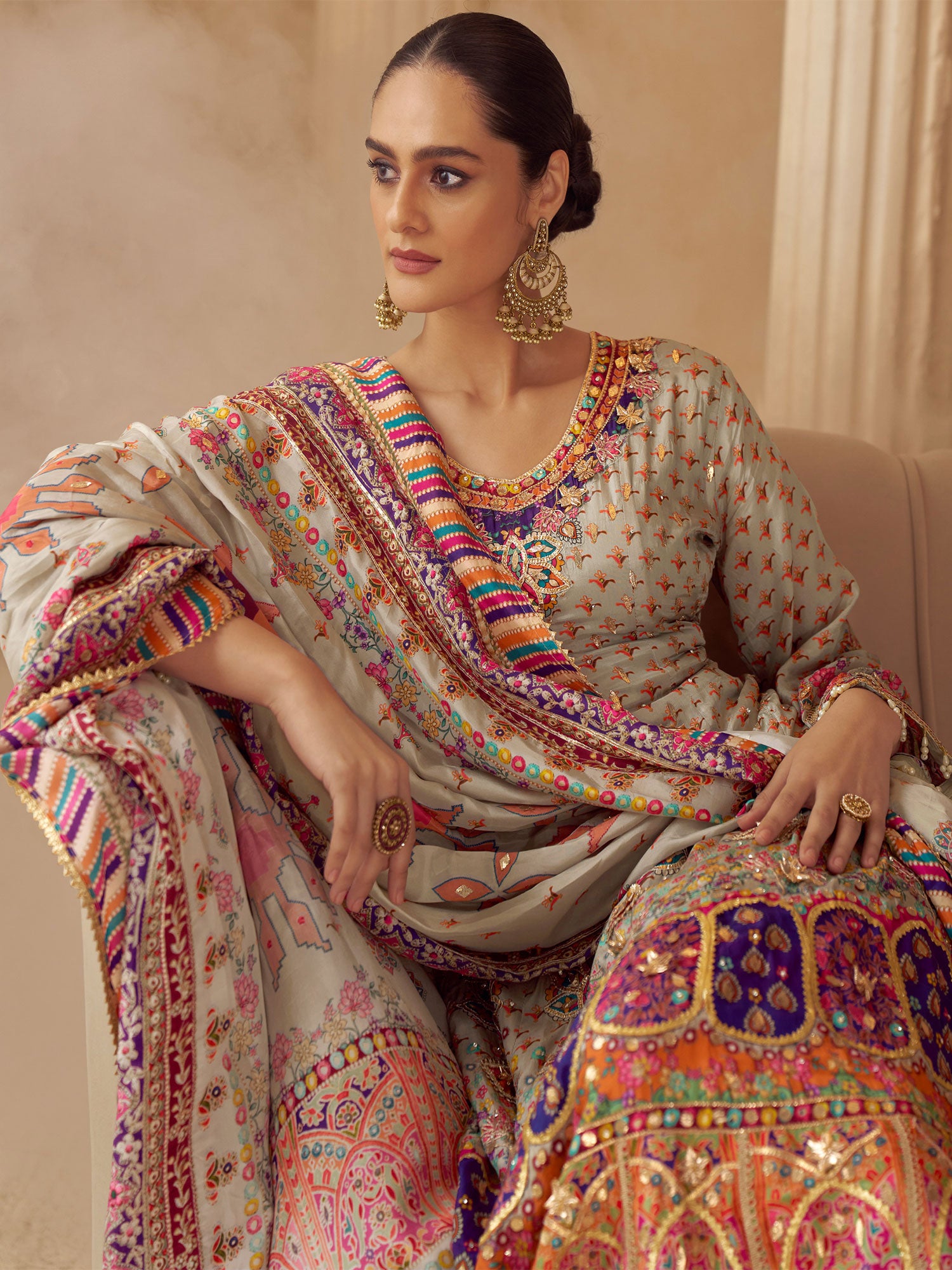 Multicolor Silk Palazzo Suit Wth Anarkali Kameez
