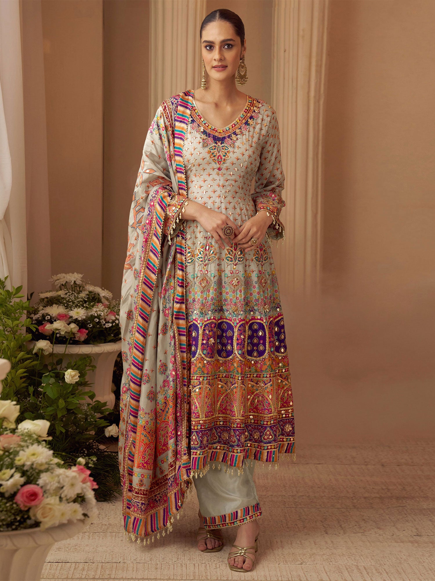 Multicolor Silk Palazzo Suit Wth Anarkali Kameez
