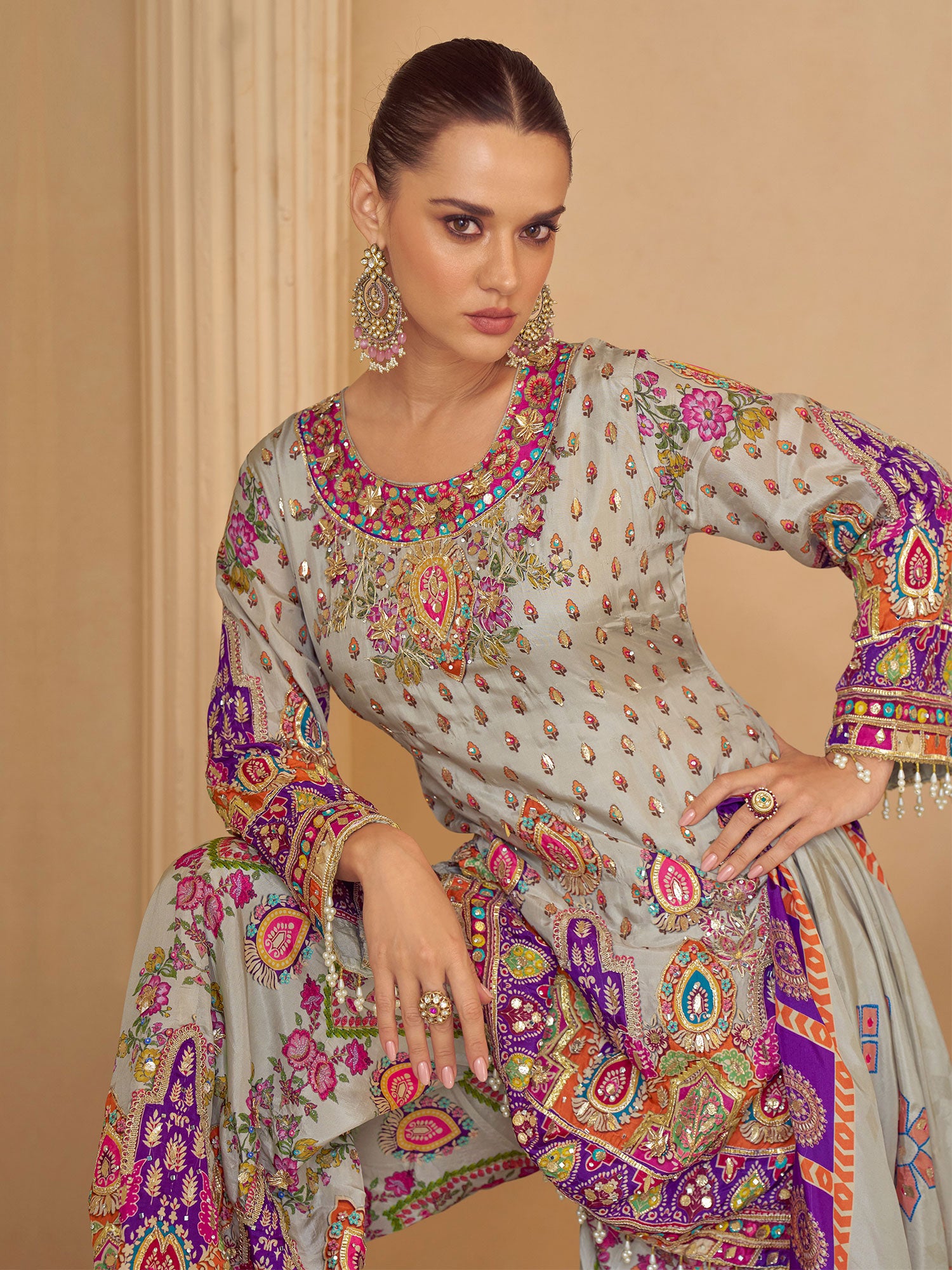 Multicolor Full Sleeved Salwar Suit In Floral Print
