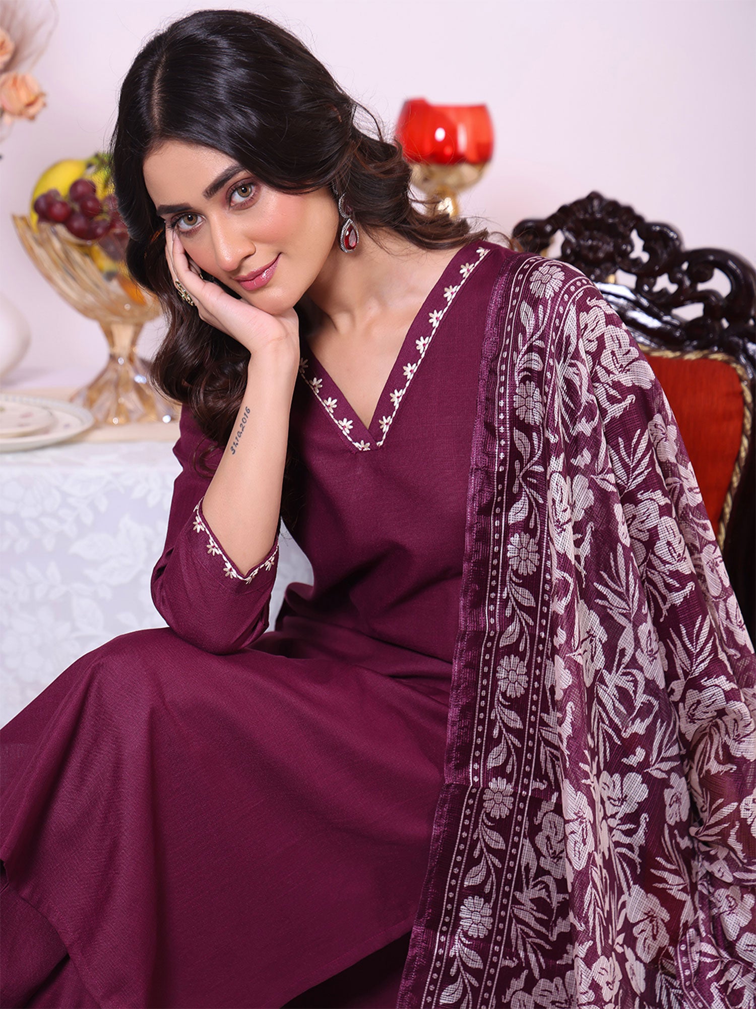 Wine Readymade Salwar Suit With Printed Dupatta