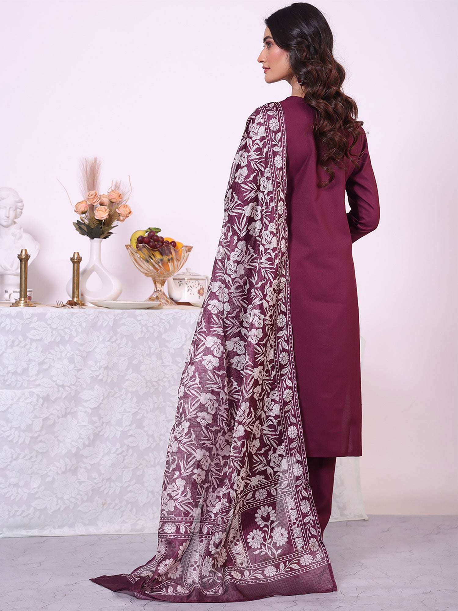 Wine Readymade Salwar Suit With Printed Dupatta