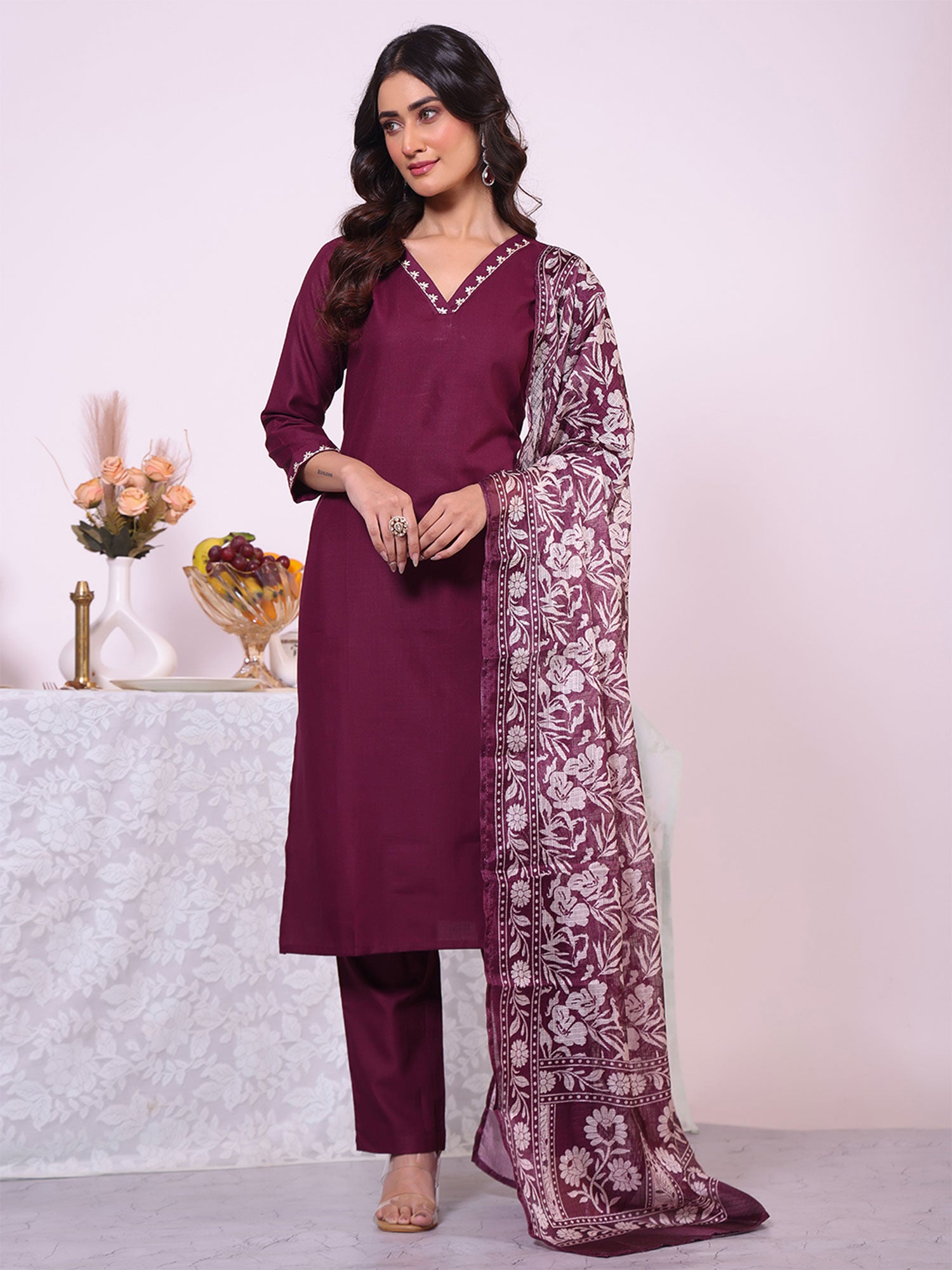 Wine Readymade Salwar Suit With Printed Dupatta
