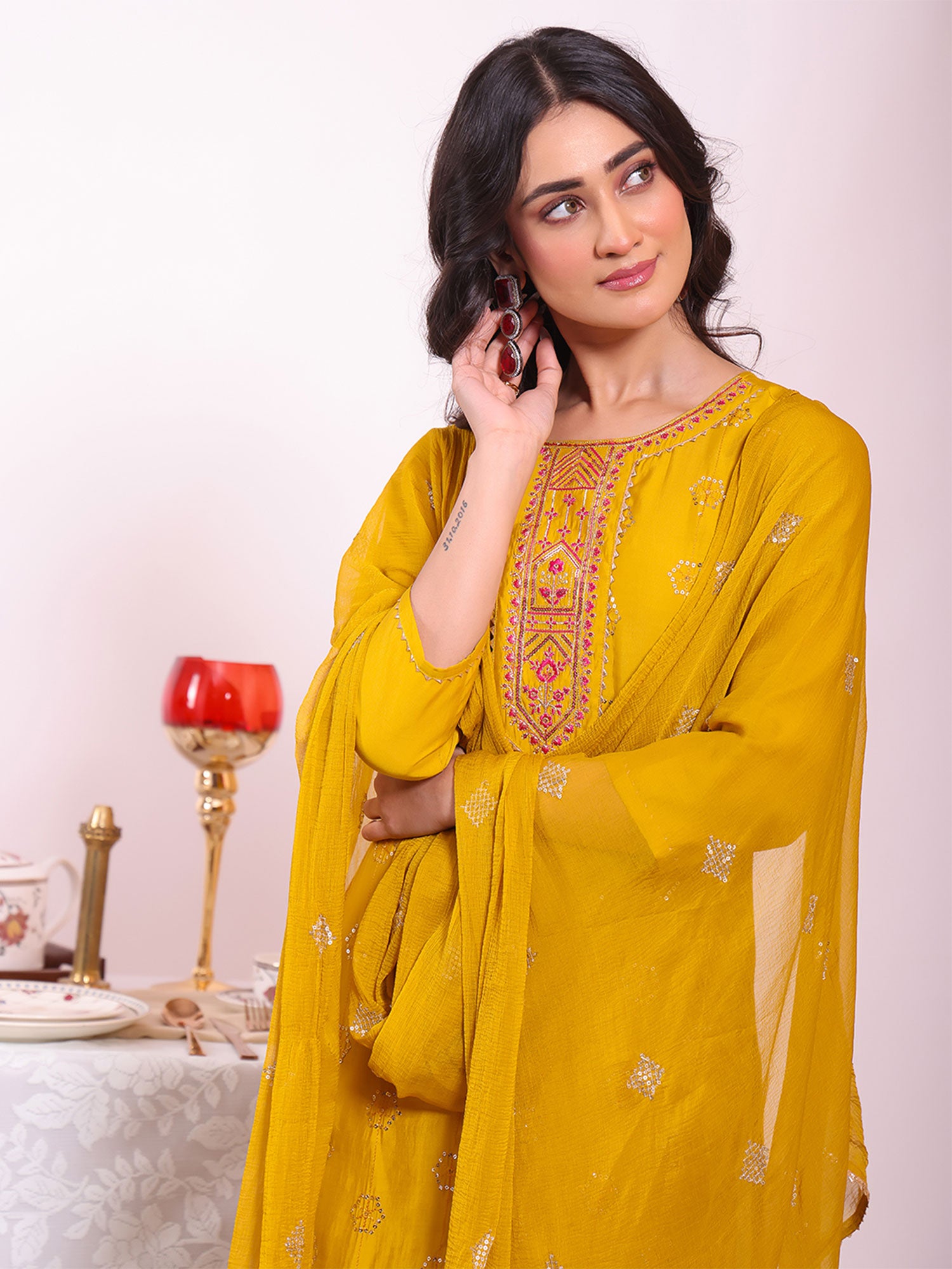 Yellow Floral Thread Embellished Salwar Kameez