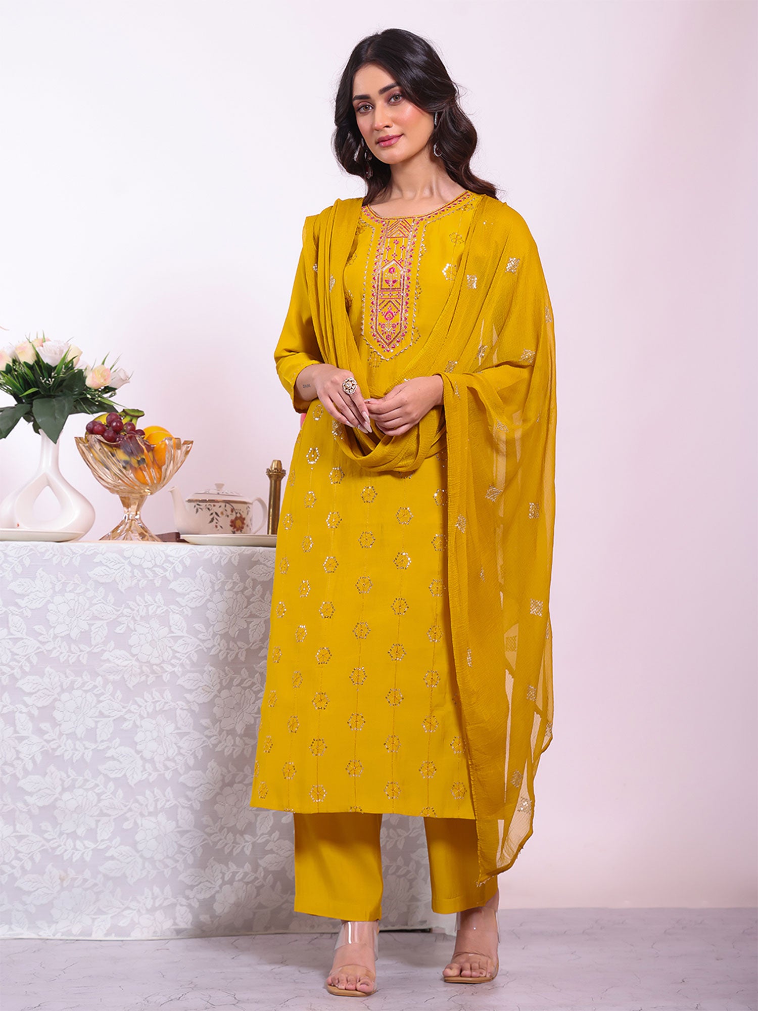 Yellow Floral Thread Embellished Salwar Kameez