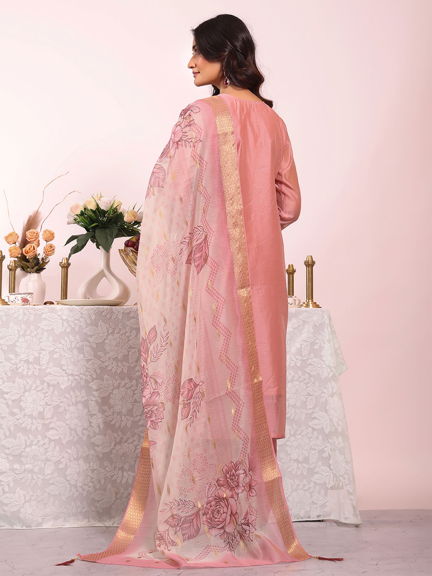 Pink Sequins Work Silk Pant Style Salwar Suit