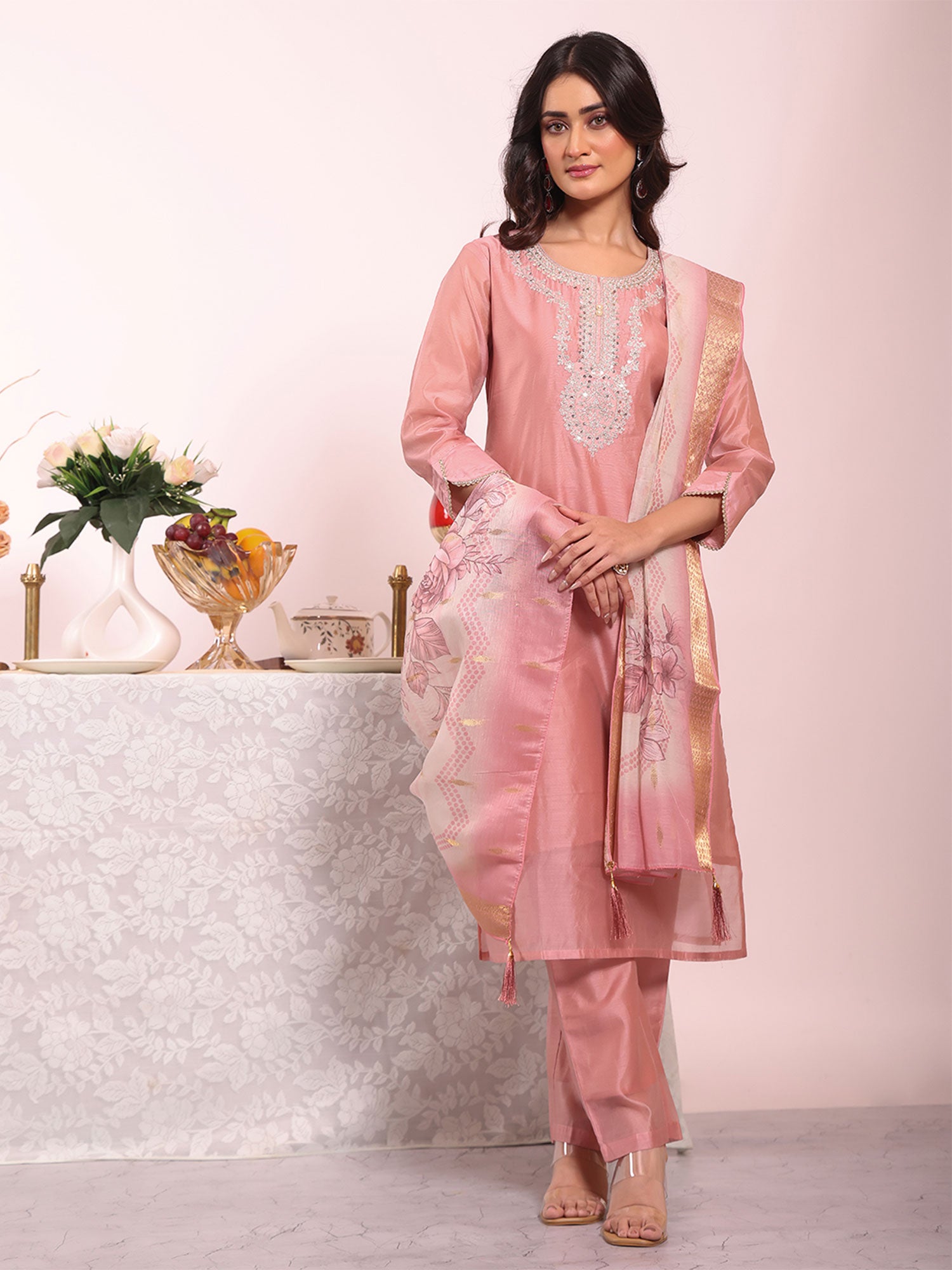 Pink Sequins Work Silk Pant Style Salwar Suit