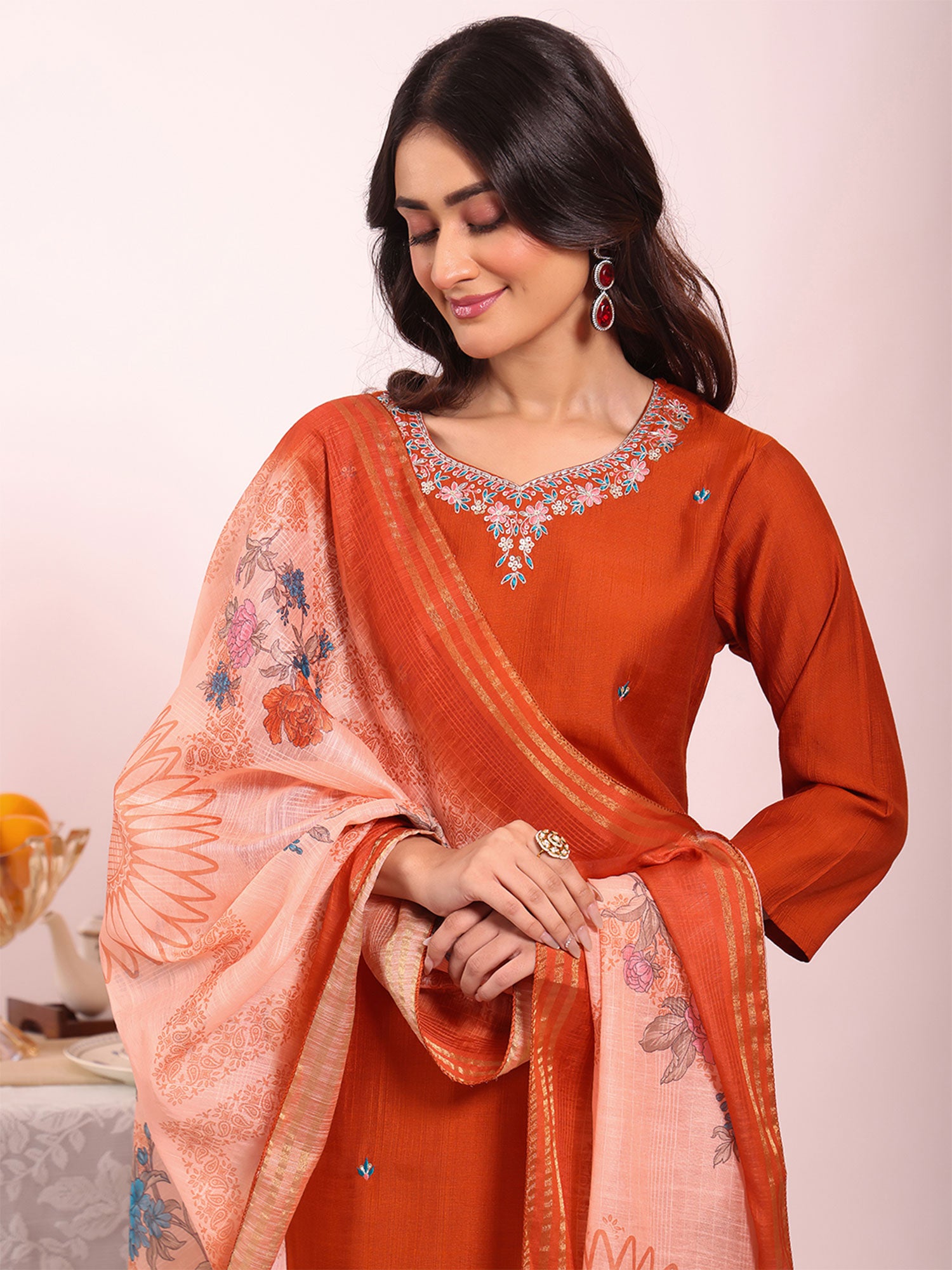 Orange Thread Work Salwar Kameez In Silk