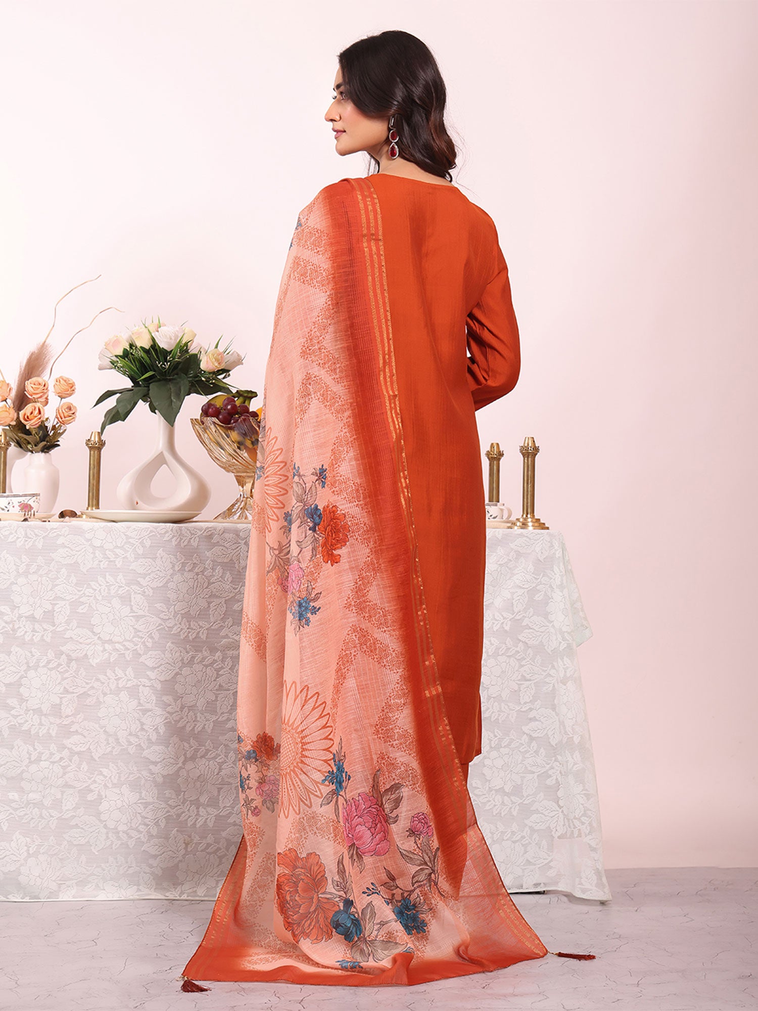 Orange Thread Work Salwar Kameez In Silk