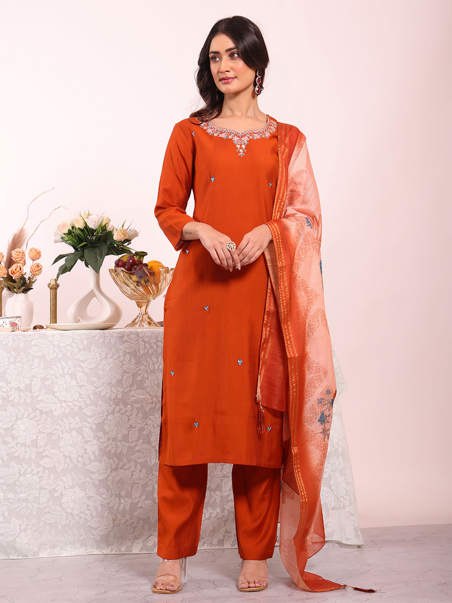 Orange Thread Work Salwar Kameez In Silk
