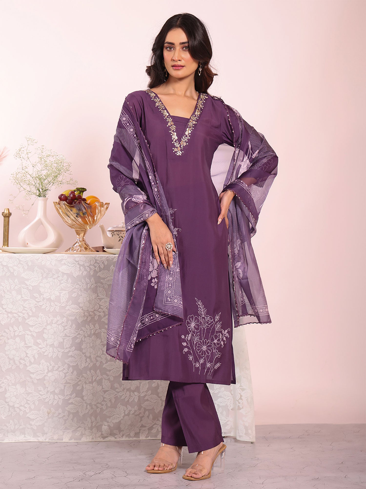 Purple Readymade Salwar Suit With Dupatta