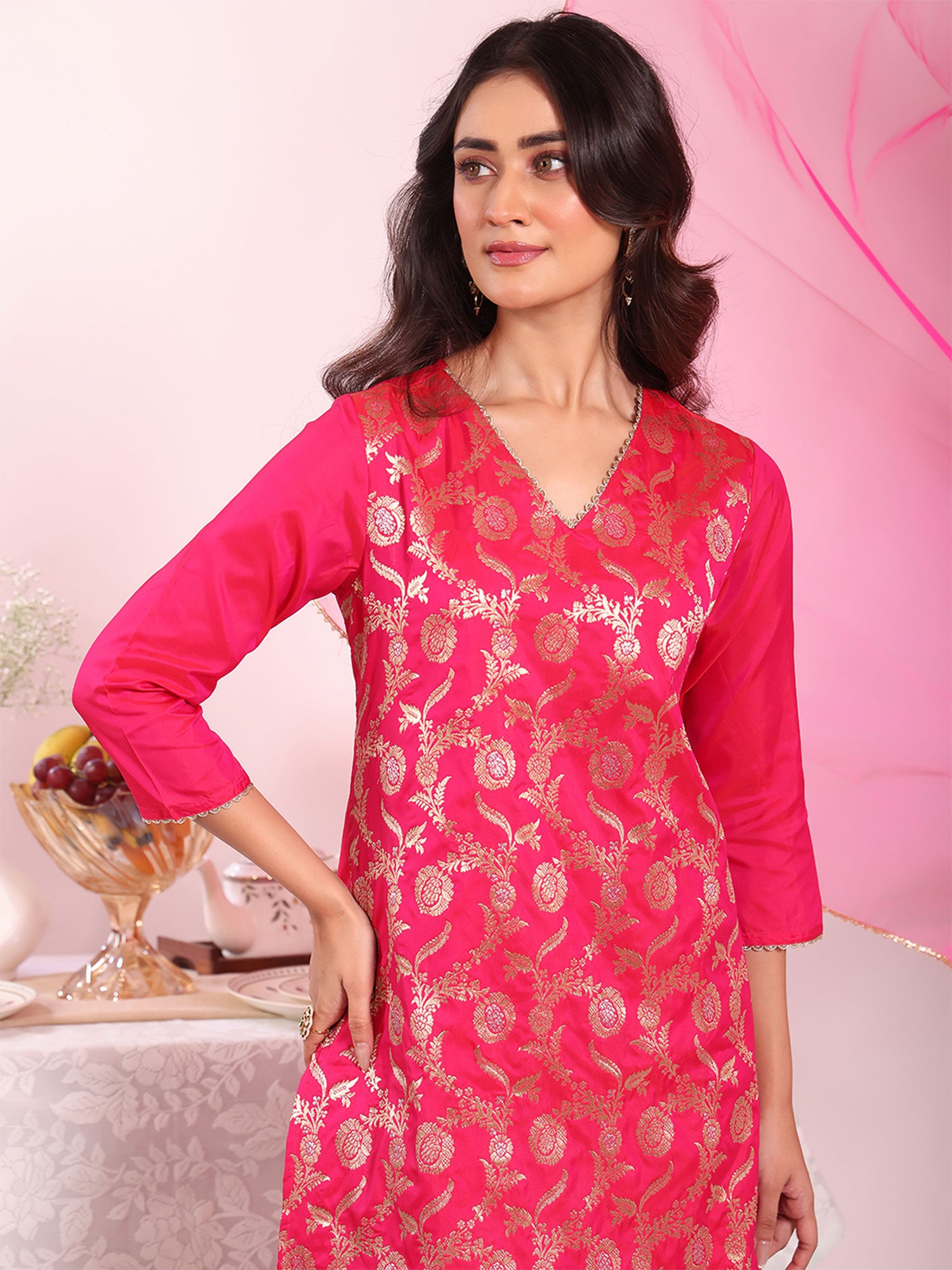 Pink Zari Woven Work Salwar Kameez In Silk