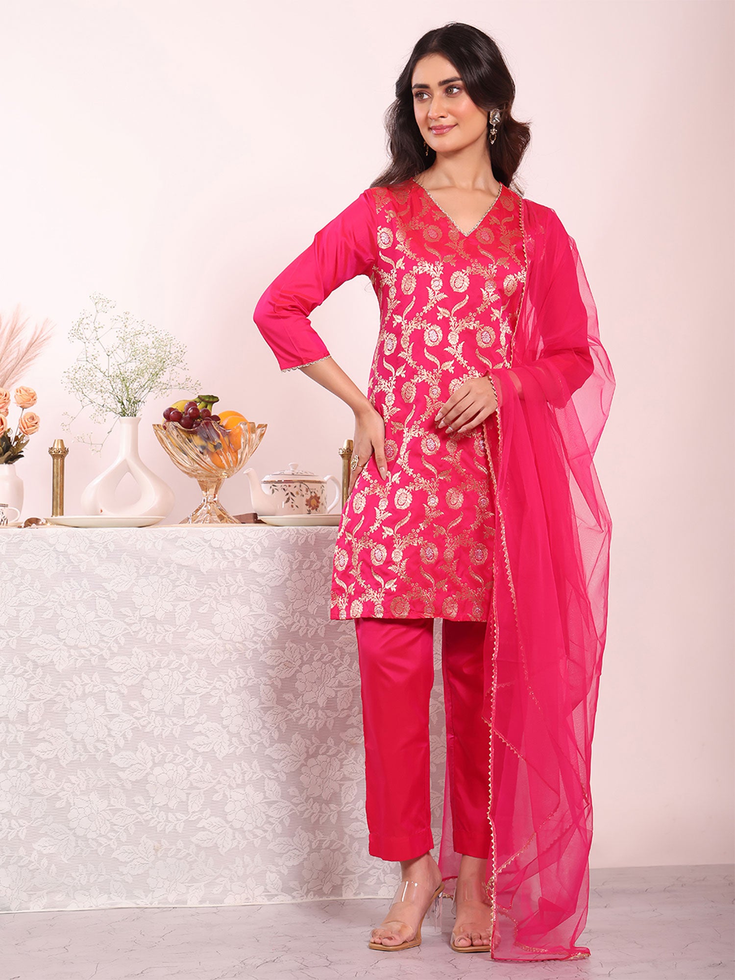 Pink Zari Woven Work Salwar Kameez In Silk