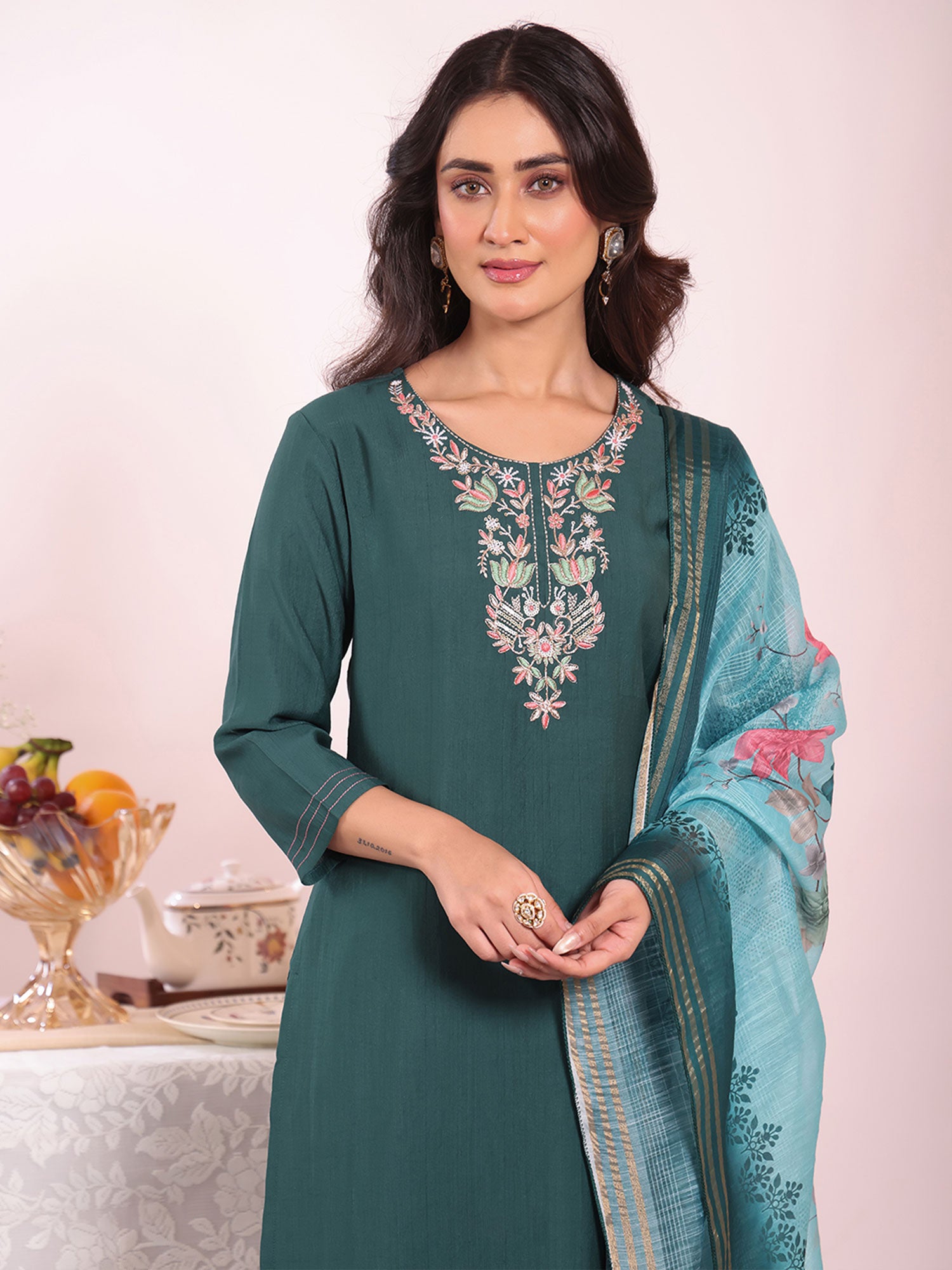 Teal Green Floral Work Readymade Salwar Kameez