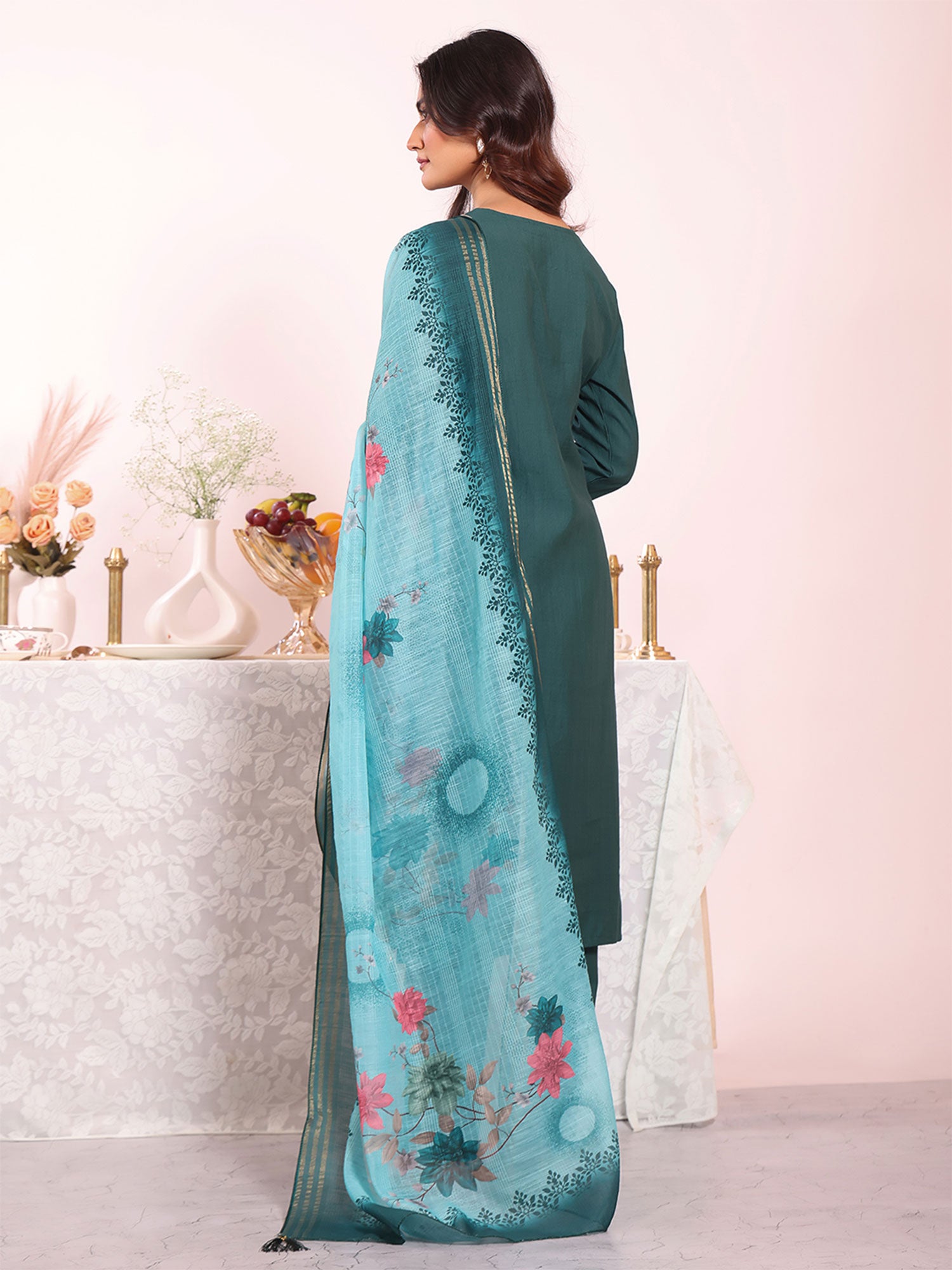 Teal Green Floral Work Readymade Salwar Kameez