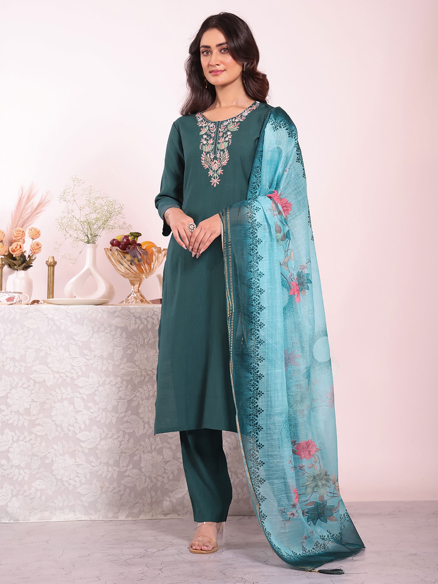 Teal Green Floral Work Readymade Salwar Kameez