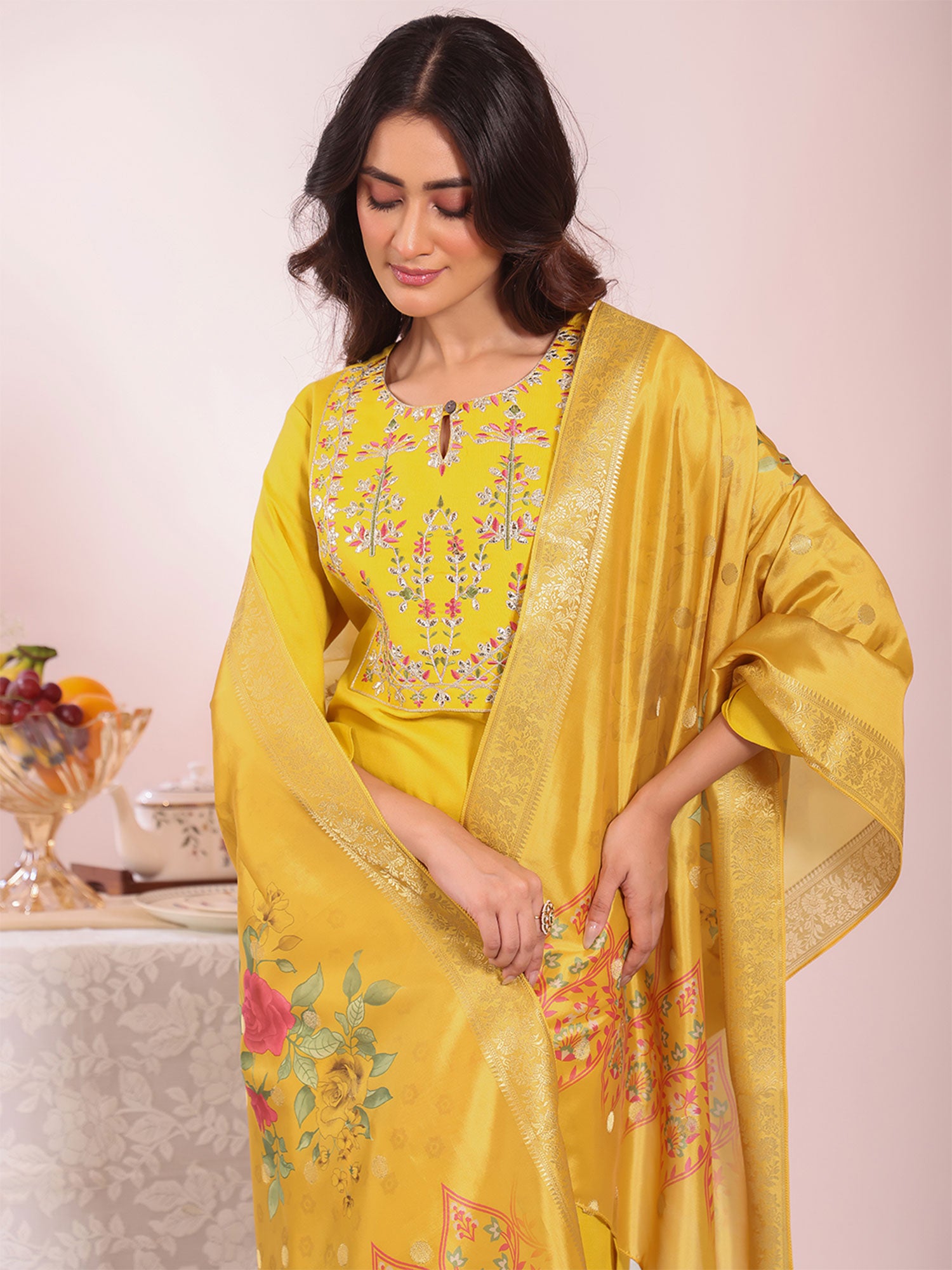 Yellow Silk Pant Style Salwar Suit With Dupatta