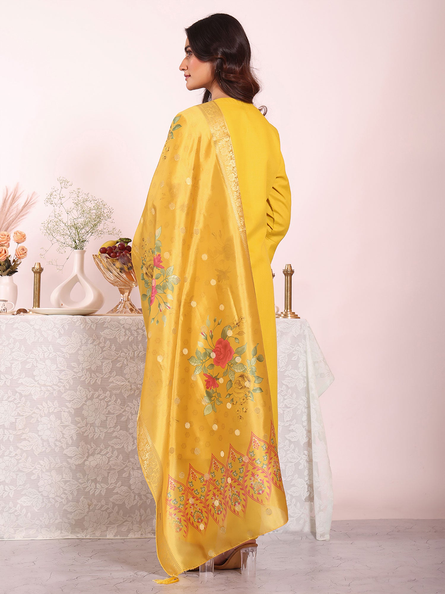 Yellow Silk Pant Style Salwar Suit With Dupatta