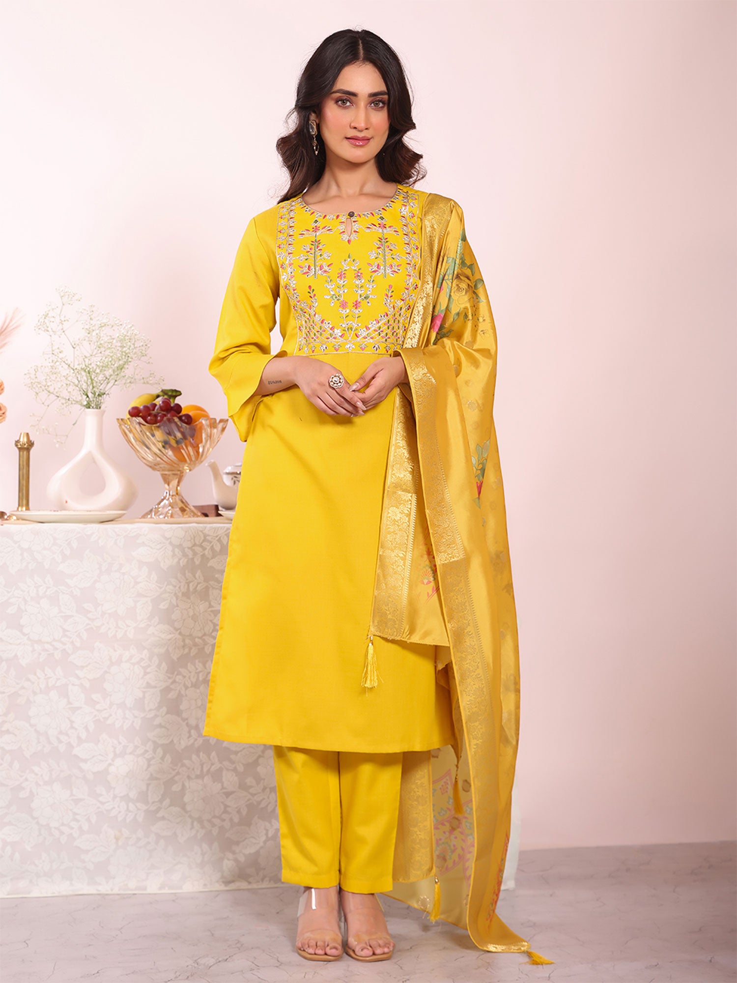 Yellow Silk Pant Style Salwar Suit With Dupatta