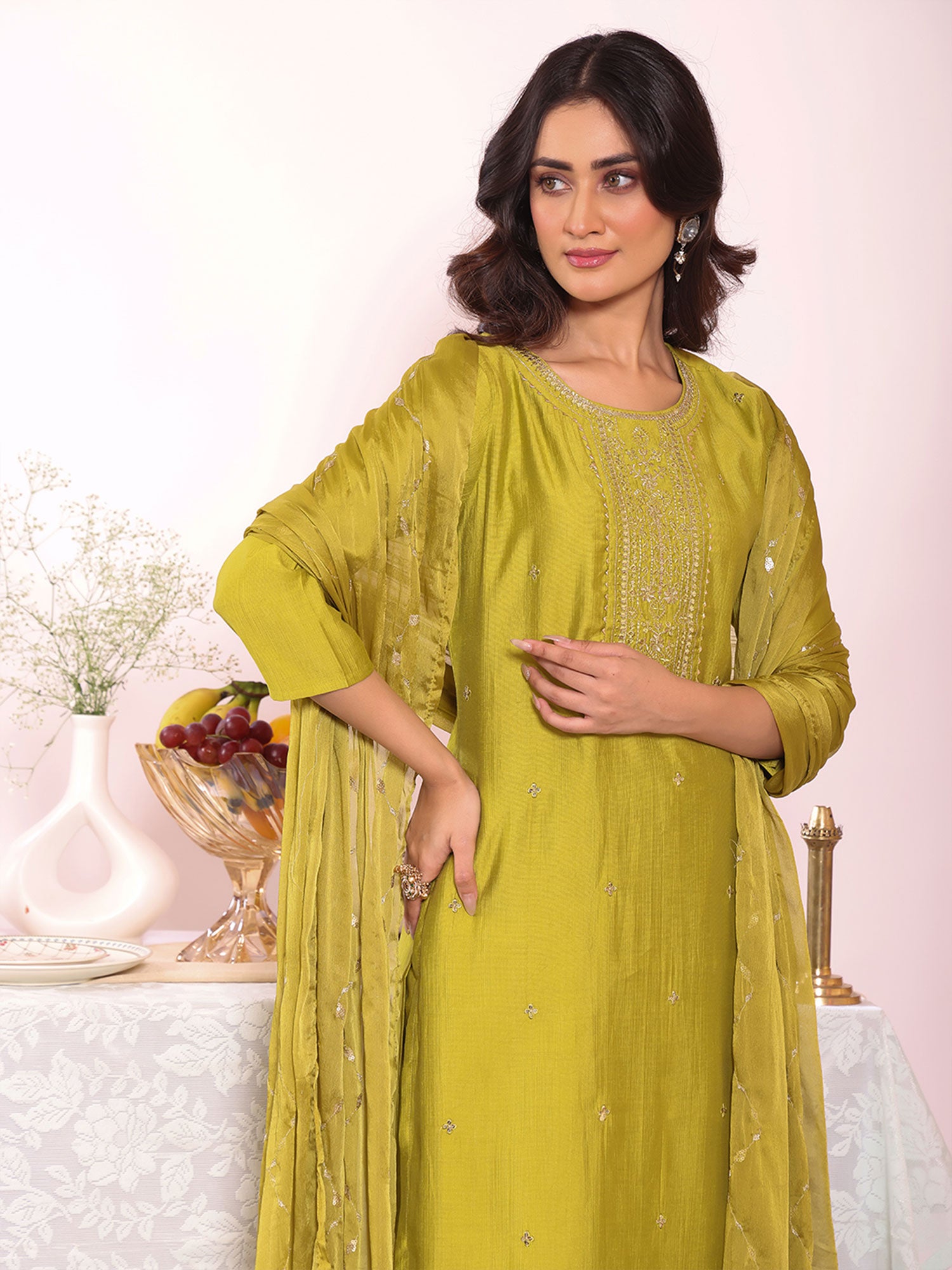 Green Festive Salwar Kameez In Pant Style
