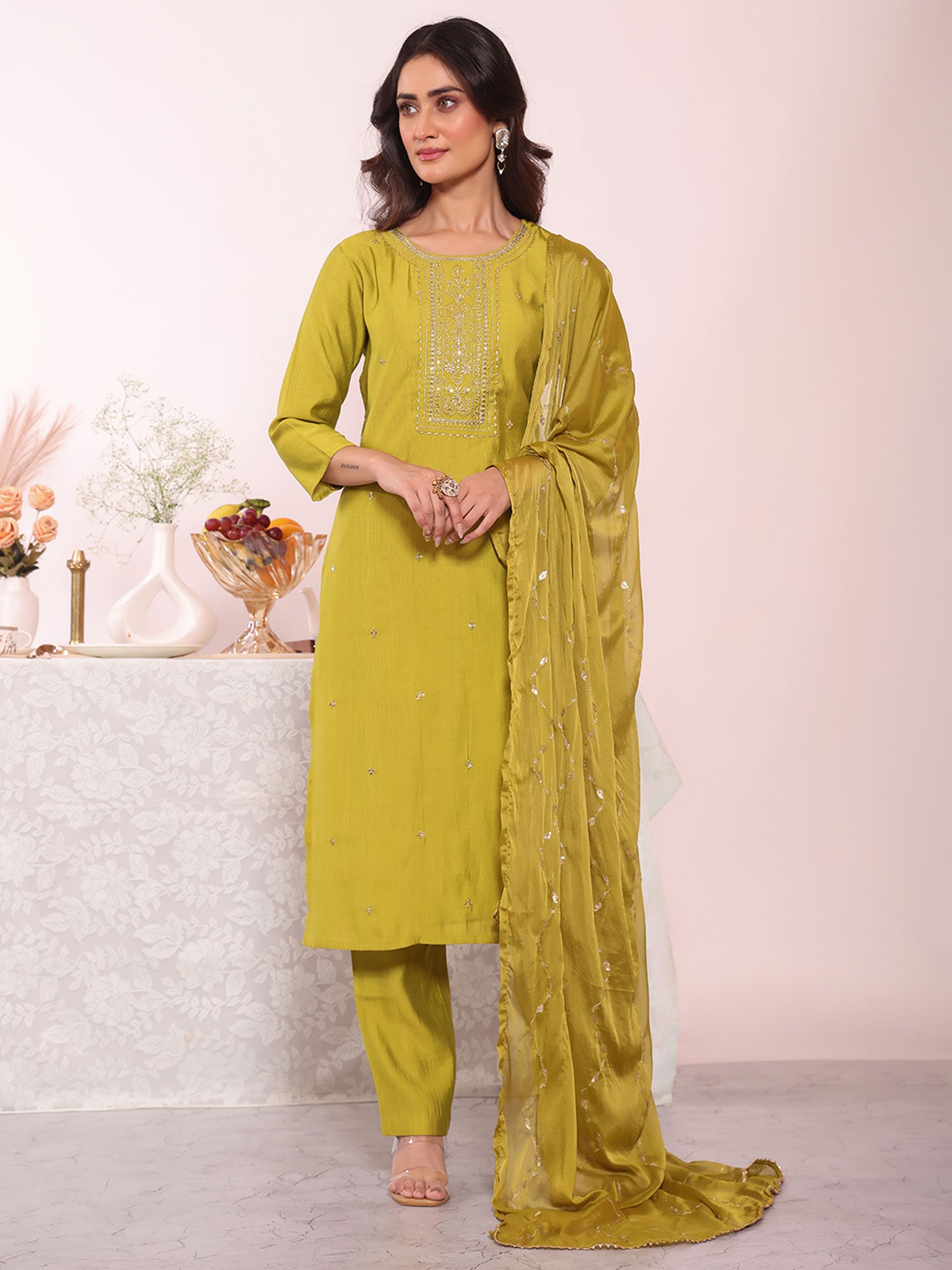 Green Festive Salwar Kameez In Pant Style