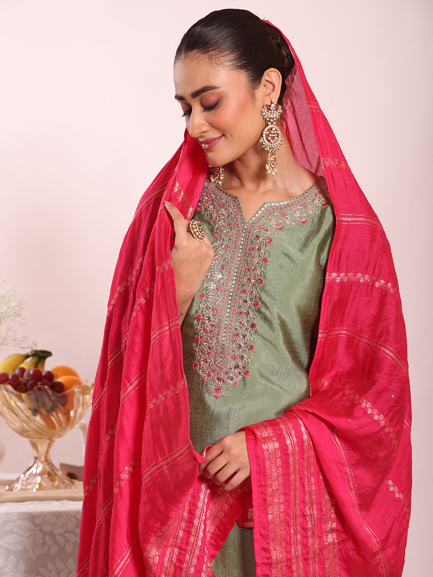 Green Thread Work Embroidered Salwar Kameez