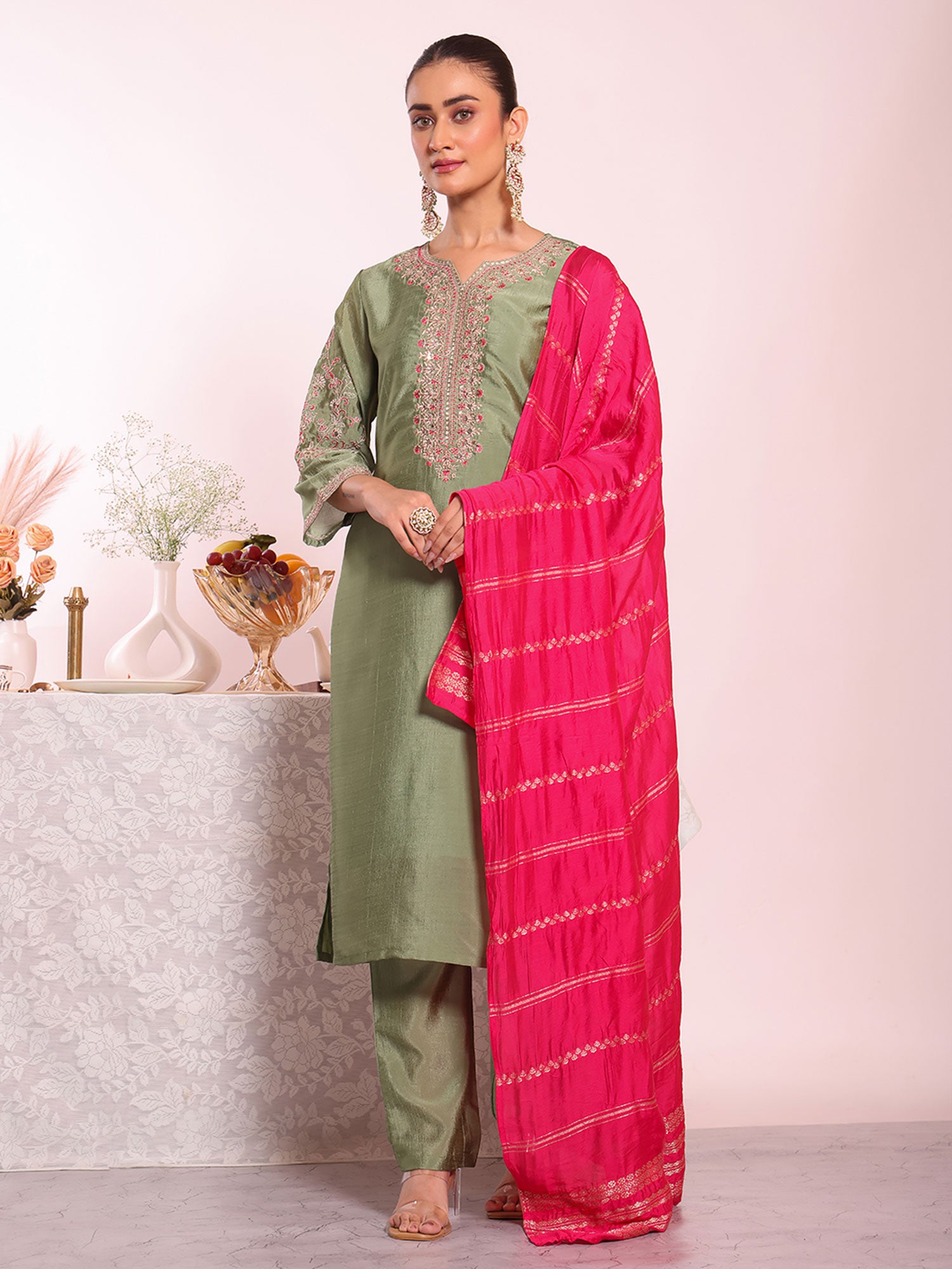 Green Thread Work Embroidered Salwar Kameez