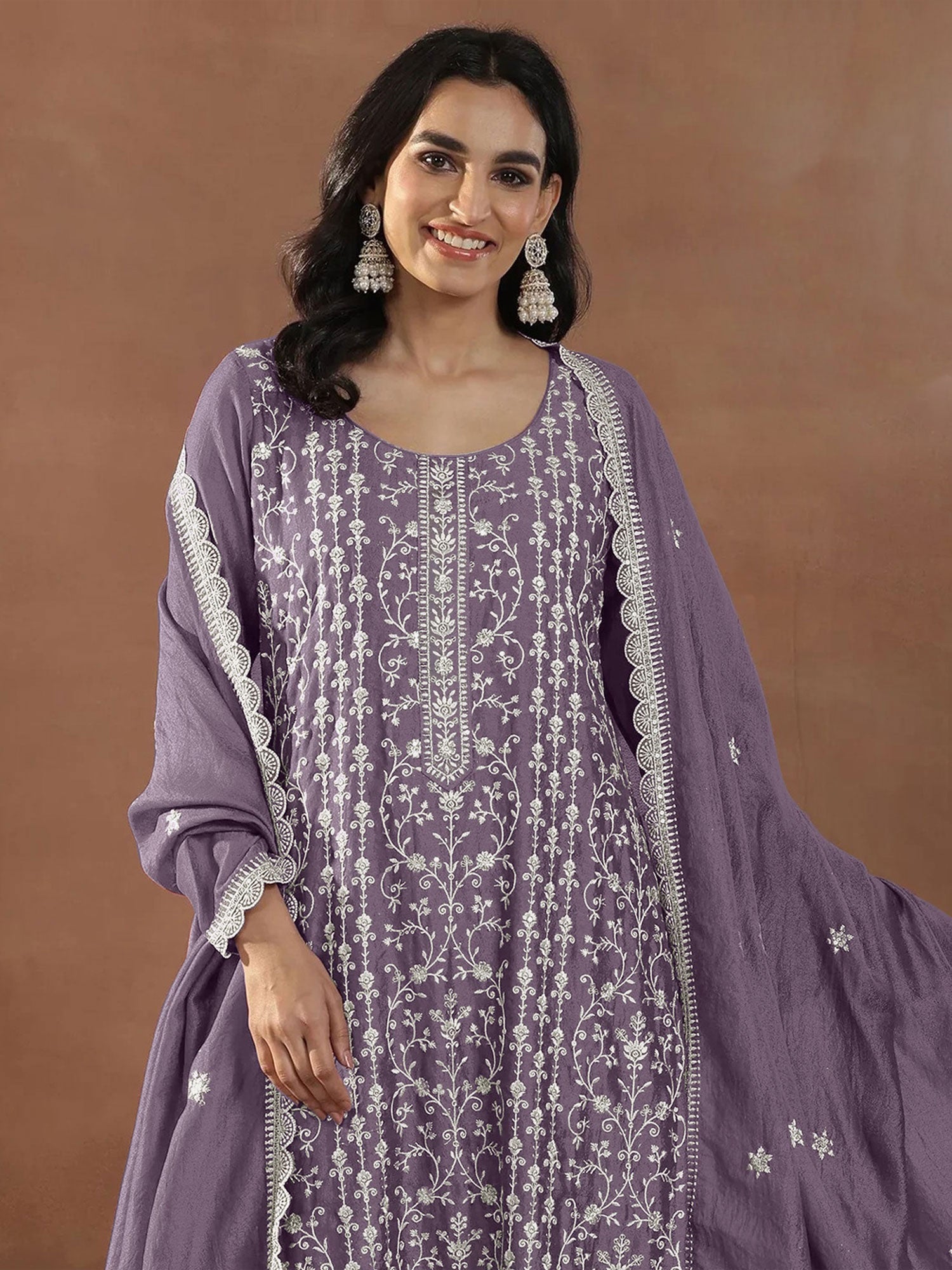 Purple Embroidered Salwar Suit In Pant Style