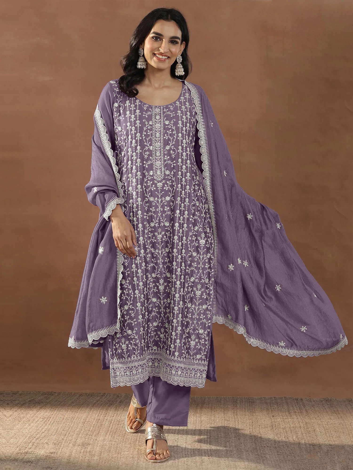 Purple Embroidered Salwar Suit In Pant Style