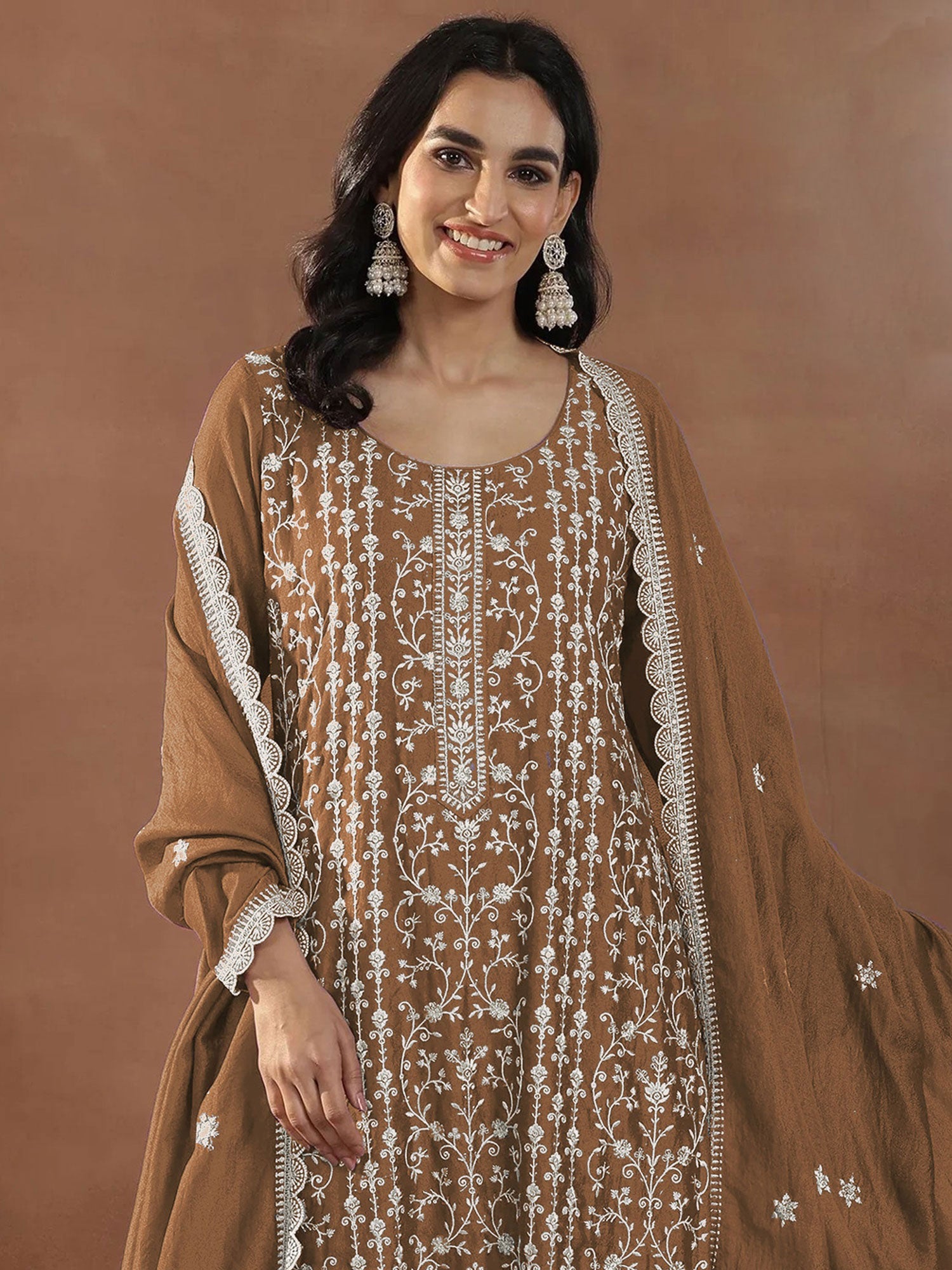 Brown Sequins Work Pant Style Salwar Suit