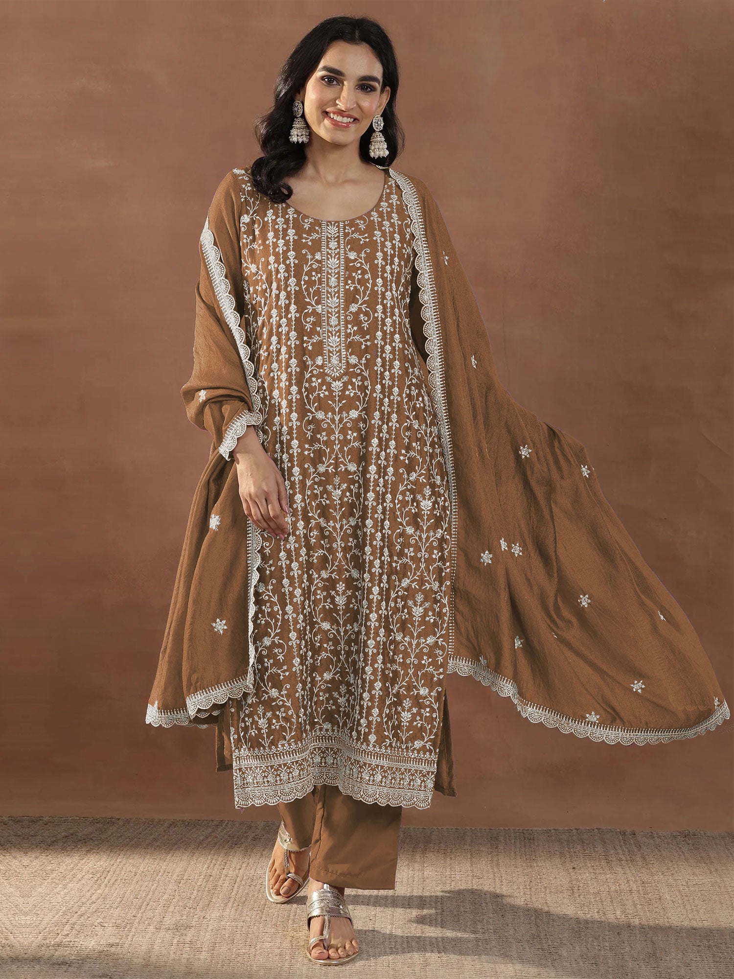 Brown Sequins Work Pant Style Salwar Suit