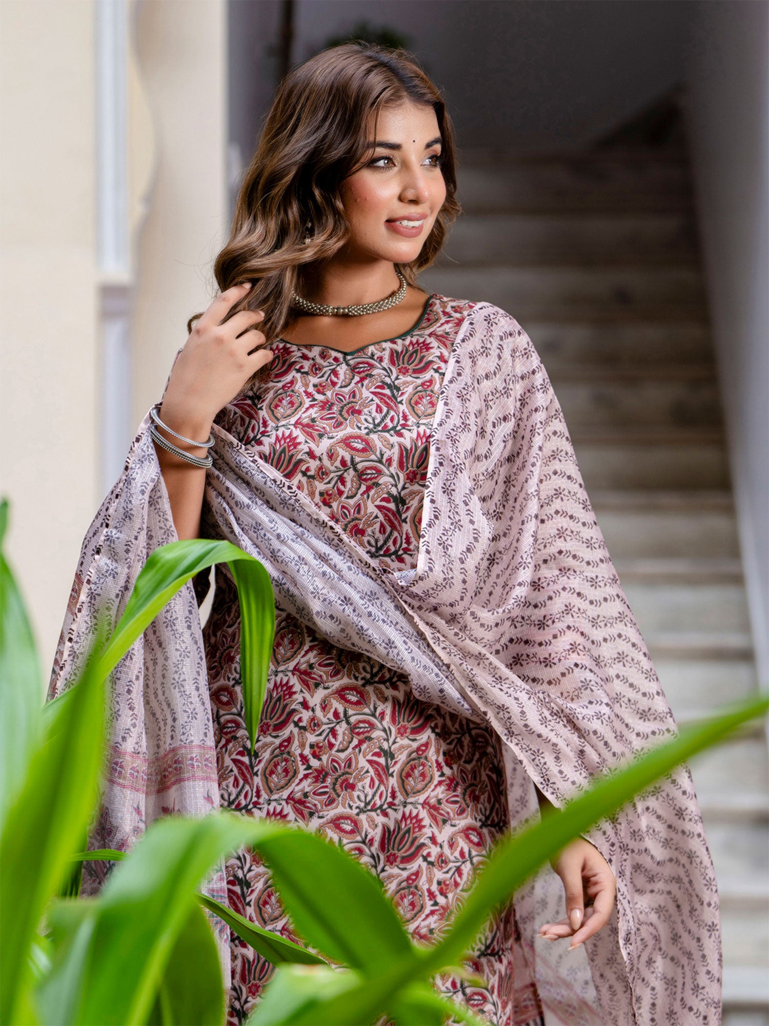 Biege Floral Printed Readymade Salwar Suit