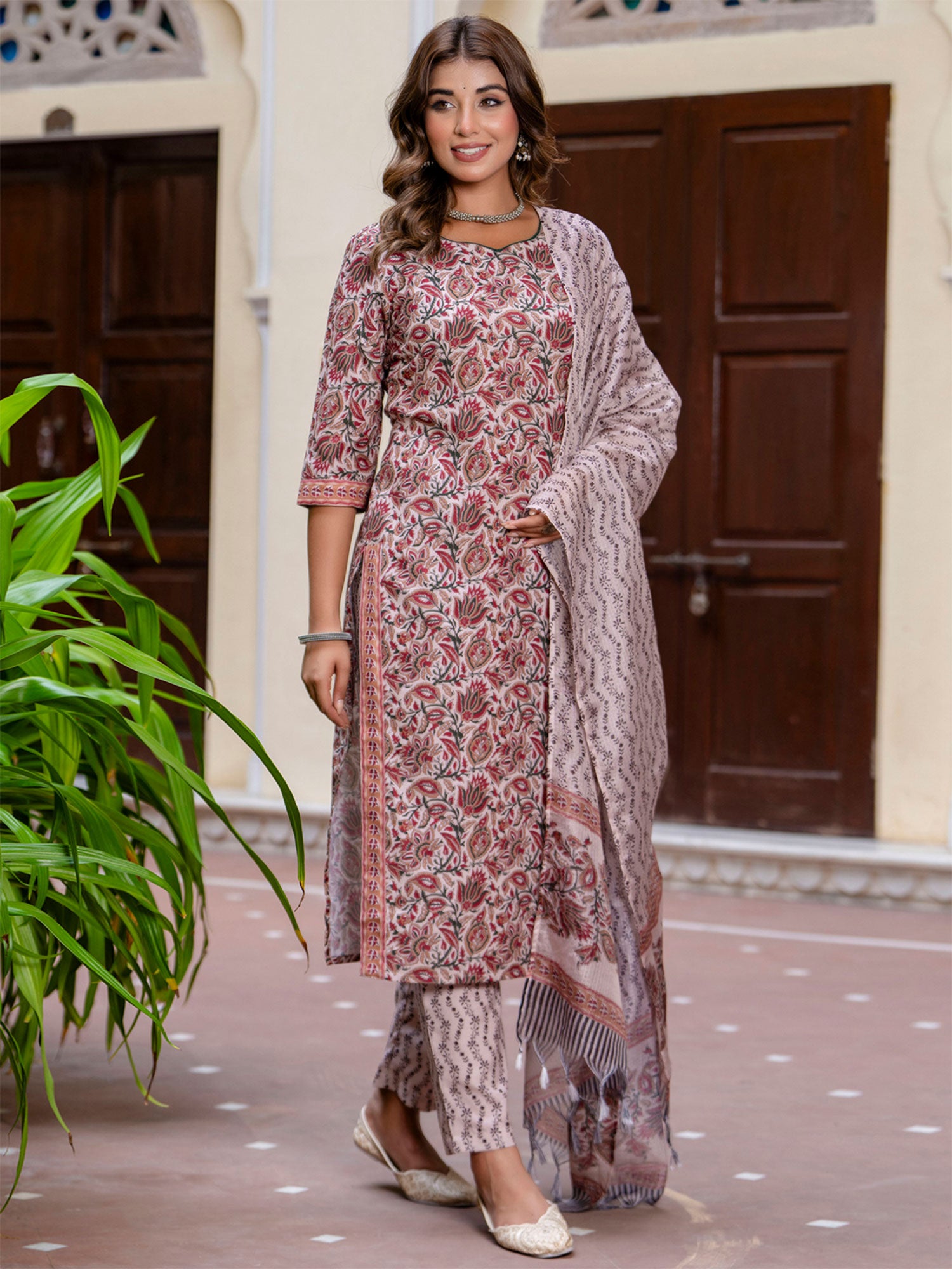 Biege Floral Printed Readymade Salwar Suit