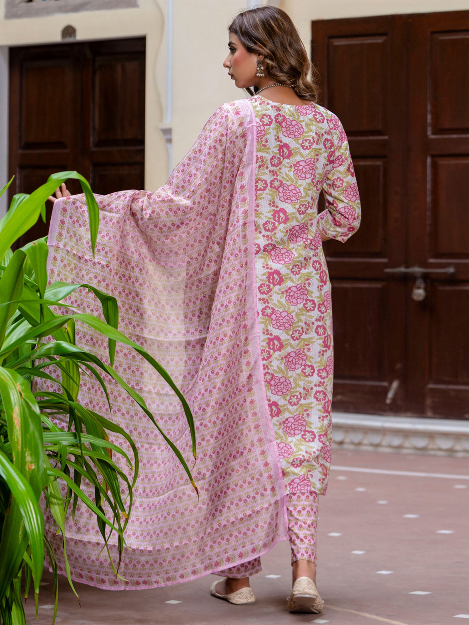 White Printed Readymade Salwar Kameez In Cotton