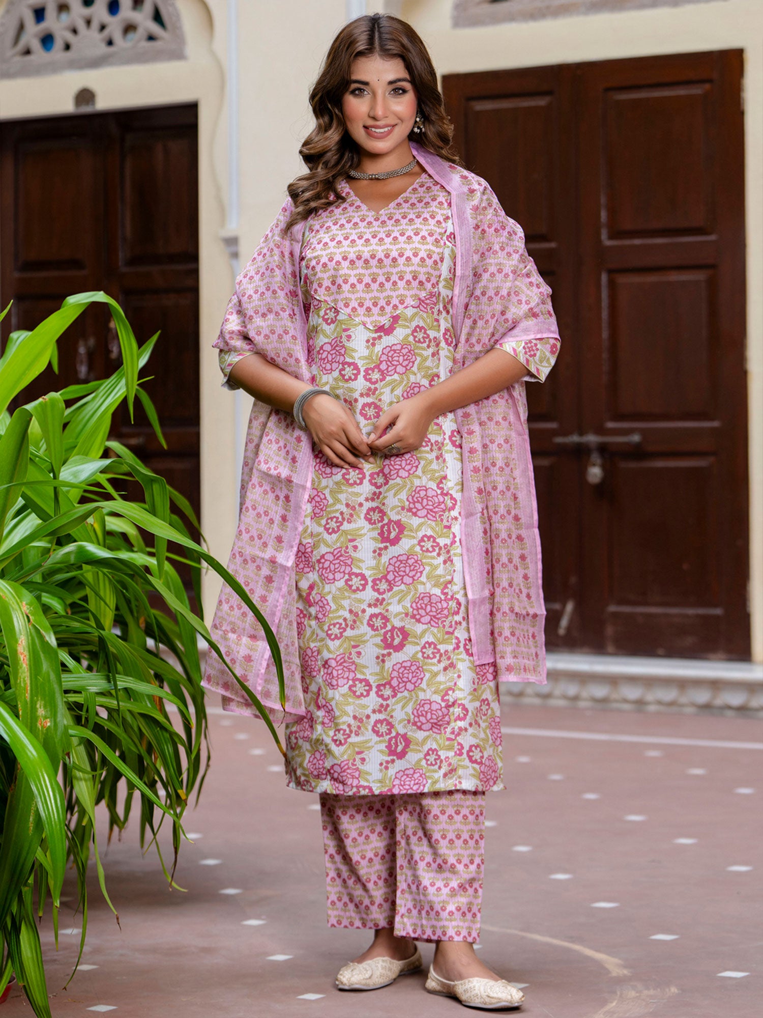 White Printed Readymade Salwar Kameez In Cotton