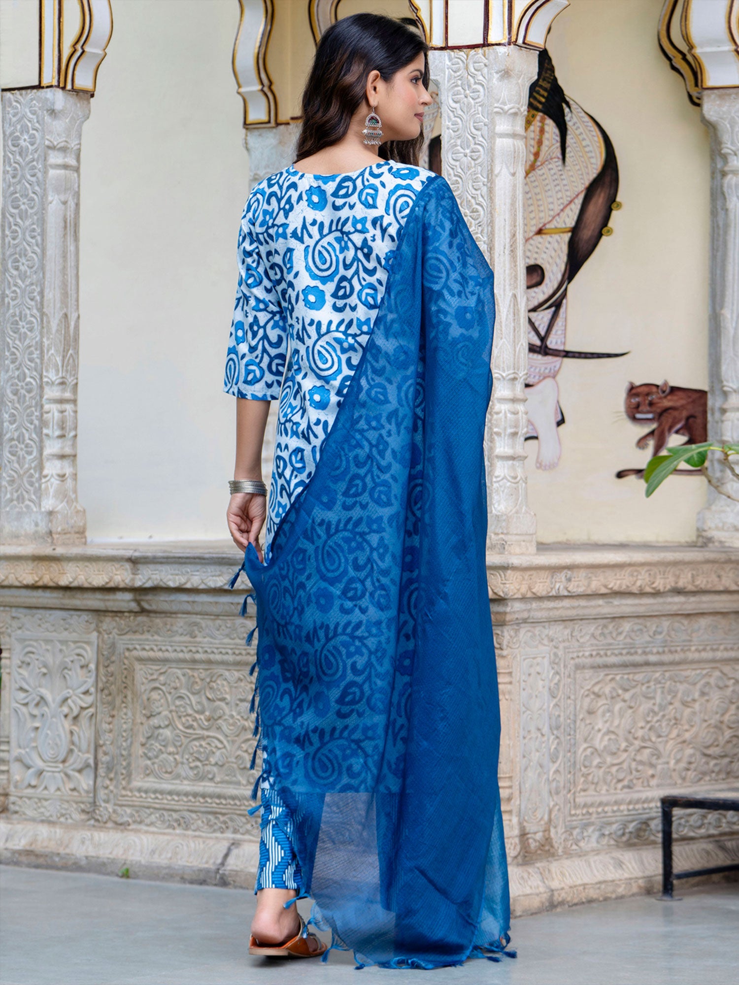 Blue Cotton Printed  Salwar Suit In Pant Style