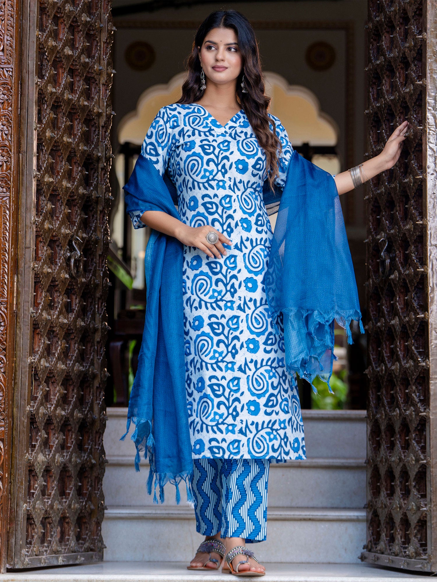 Blue Cotton Printed  Salwar Suit In Pant Style
