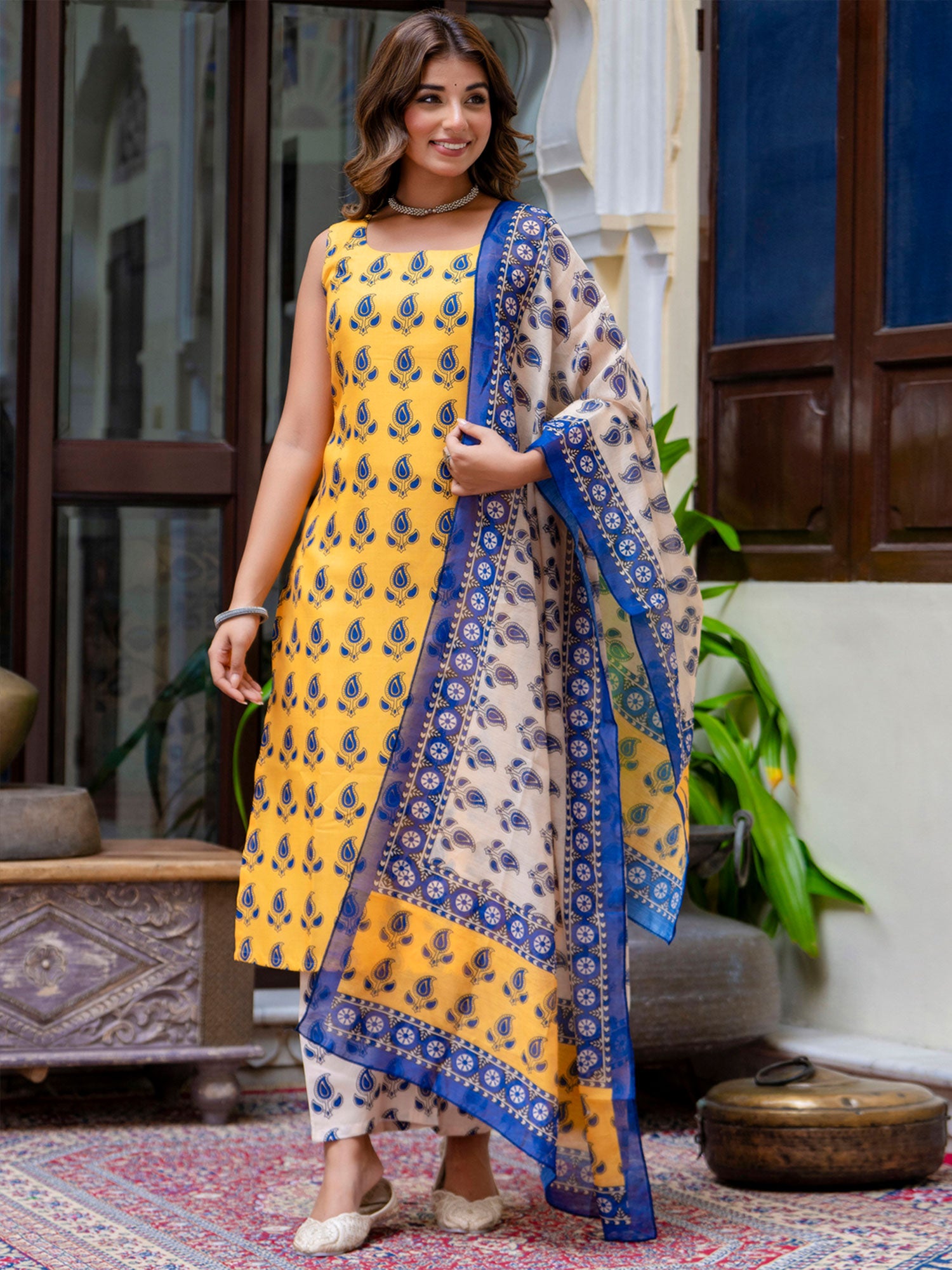 Yellow Festive Readymade Salwar Suit In Cotton