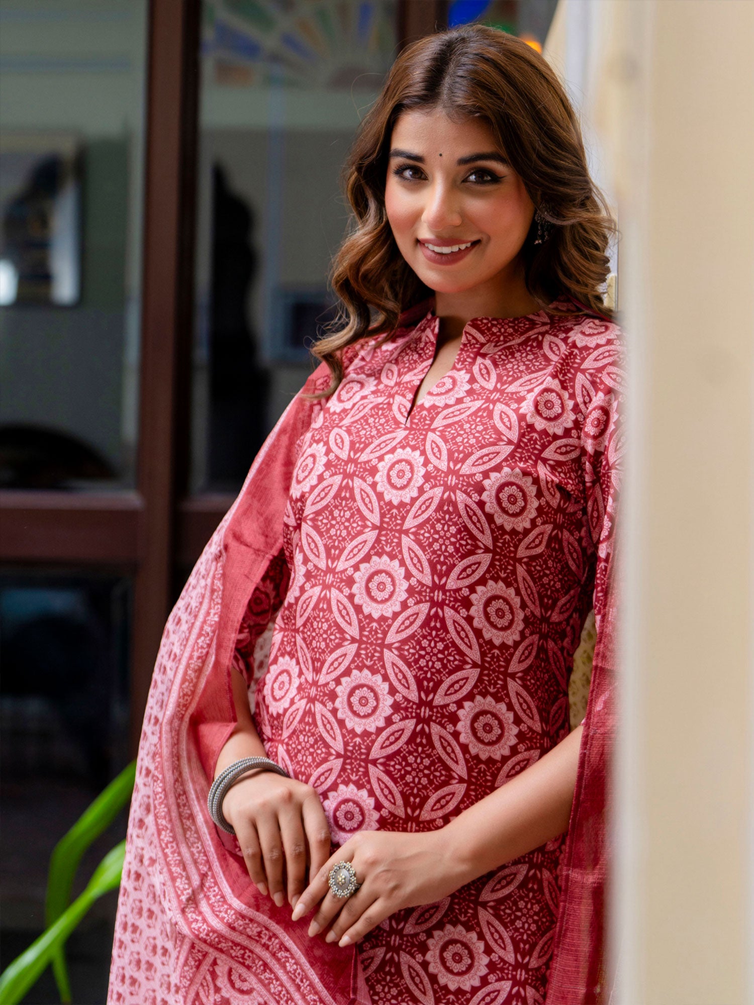 Red Readymade Pant Style Salwar Kameez