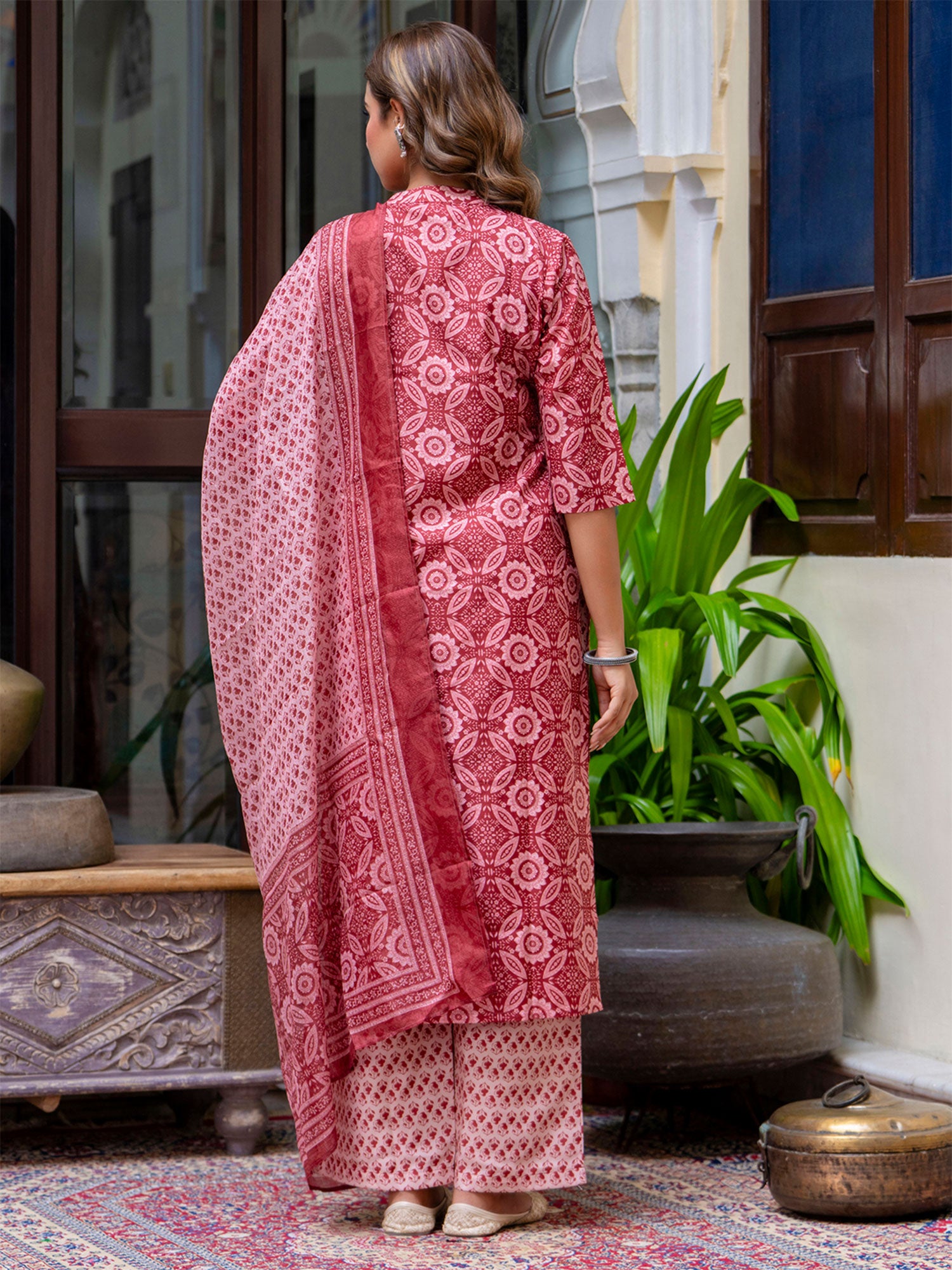 Red Readymade Pant Style Salwar Kameez