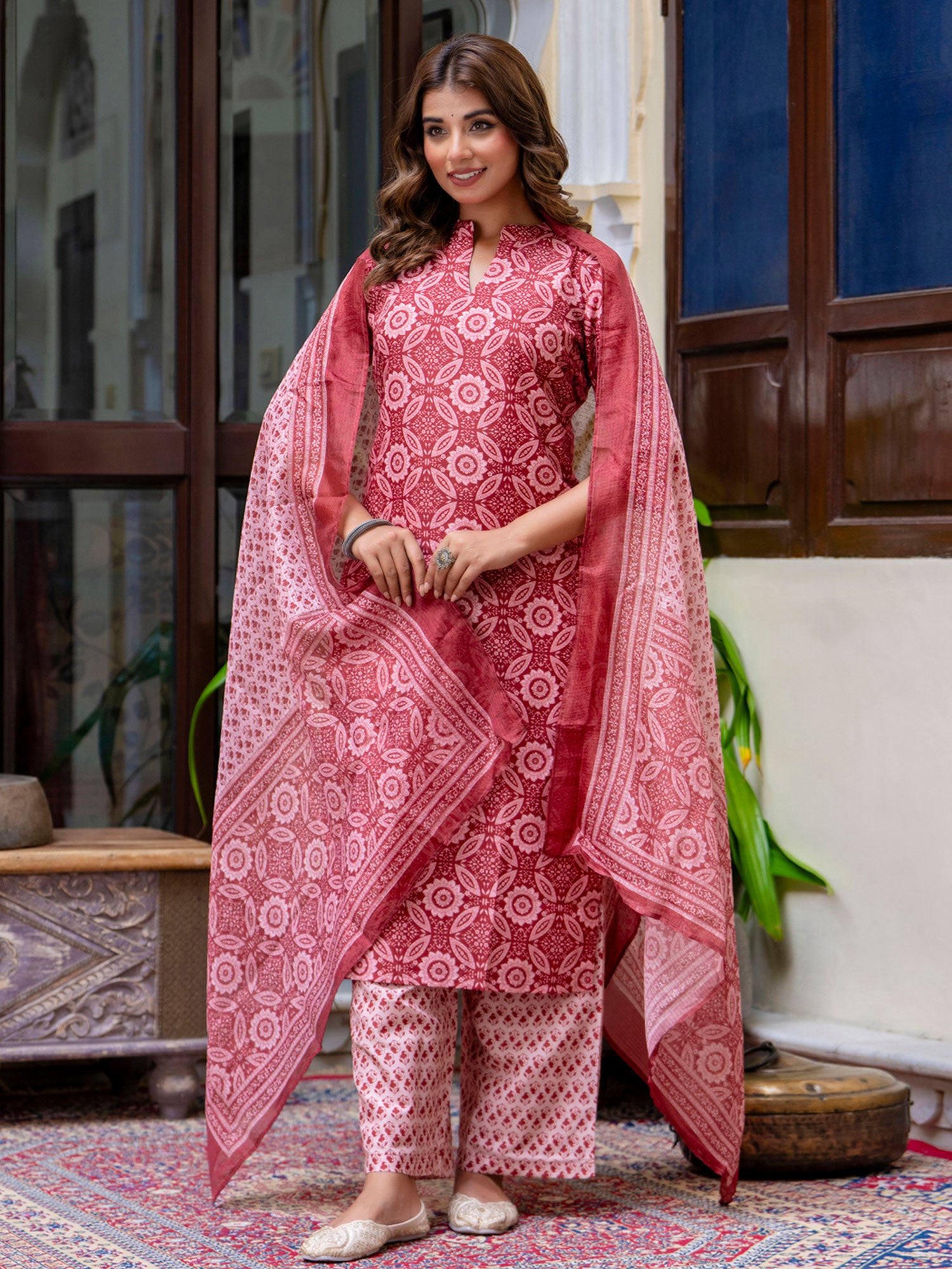 Red Readymade Pant Style Salwar Kameez