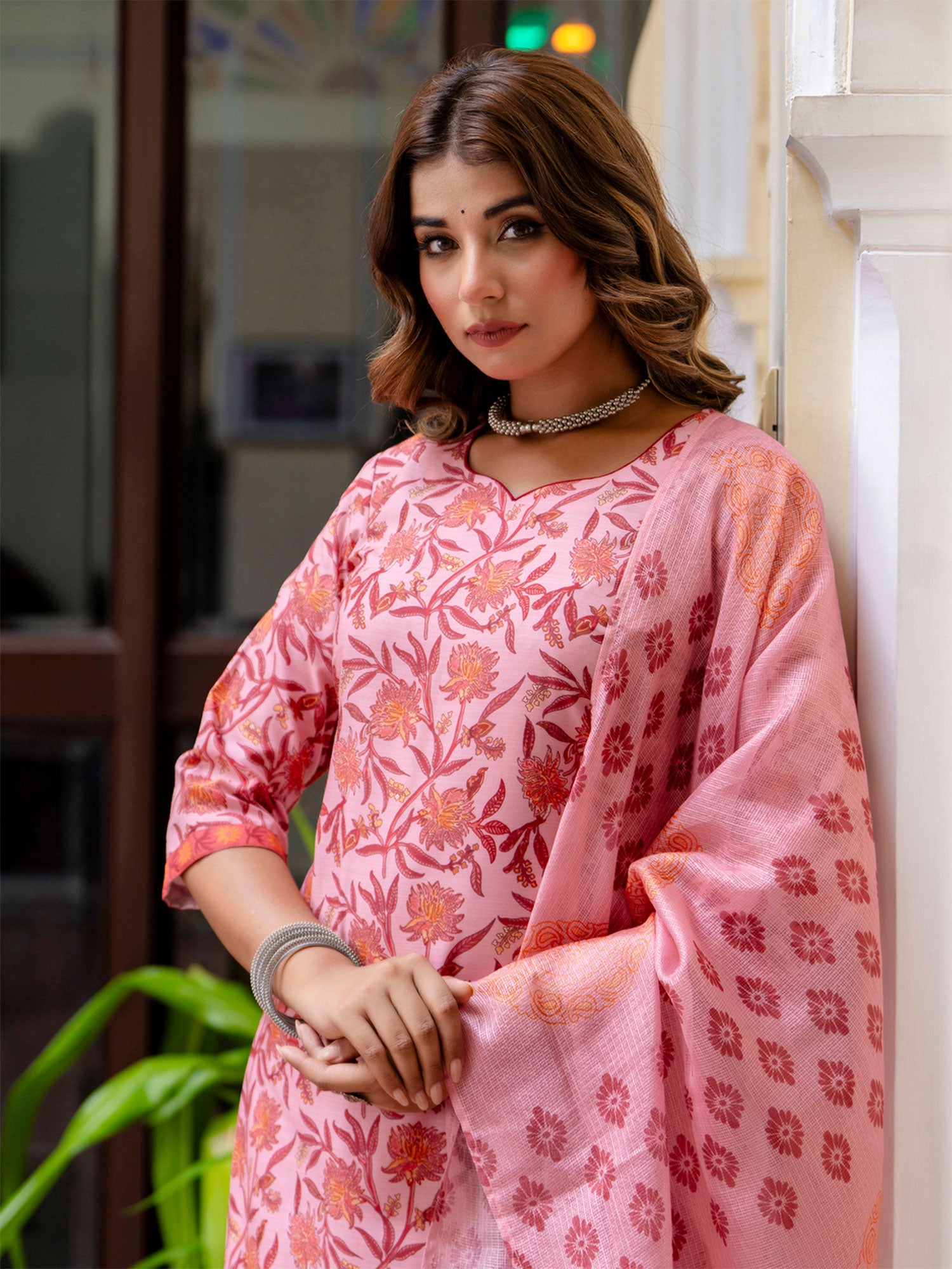 Peach Pant Style Salwar Suit In Floral Print