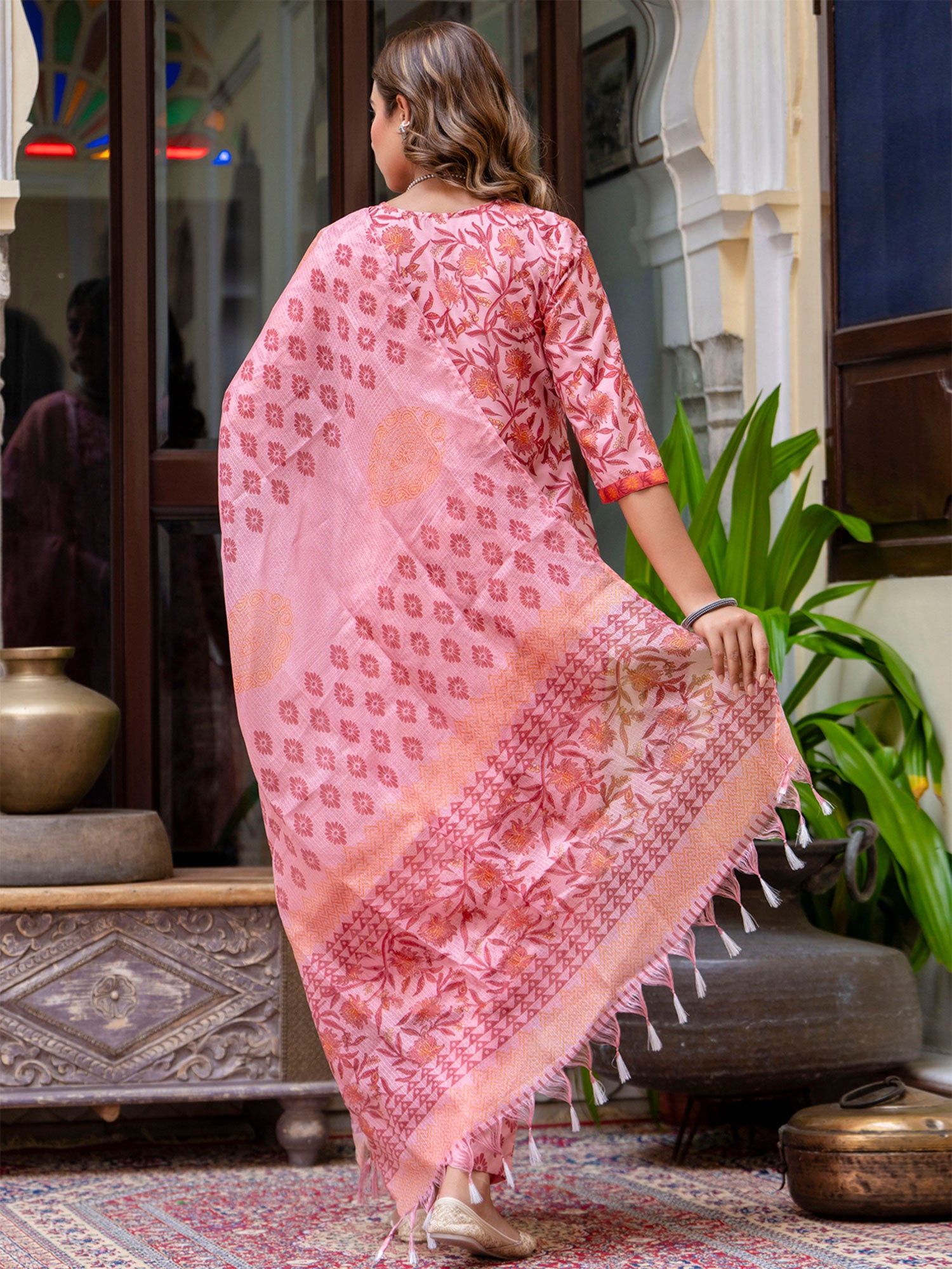 Peach Pant Style Salwar Suit In Floral Print