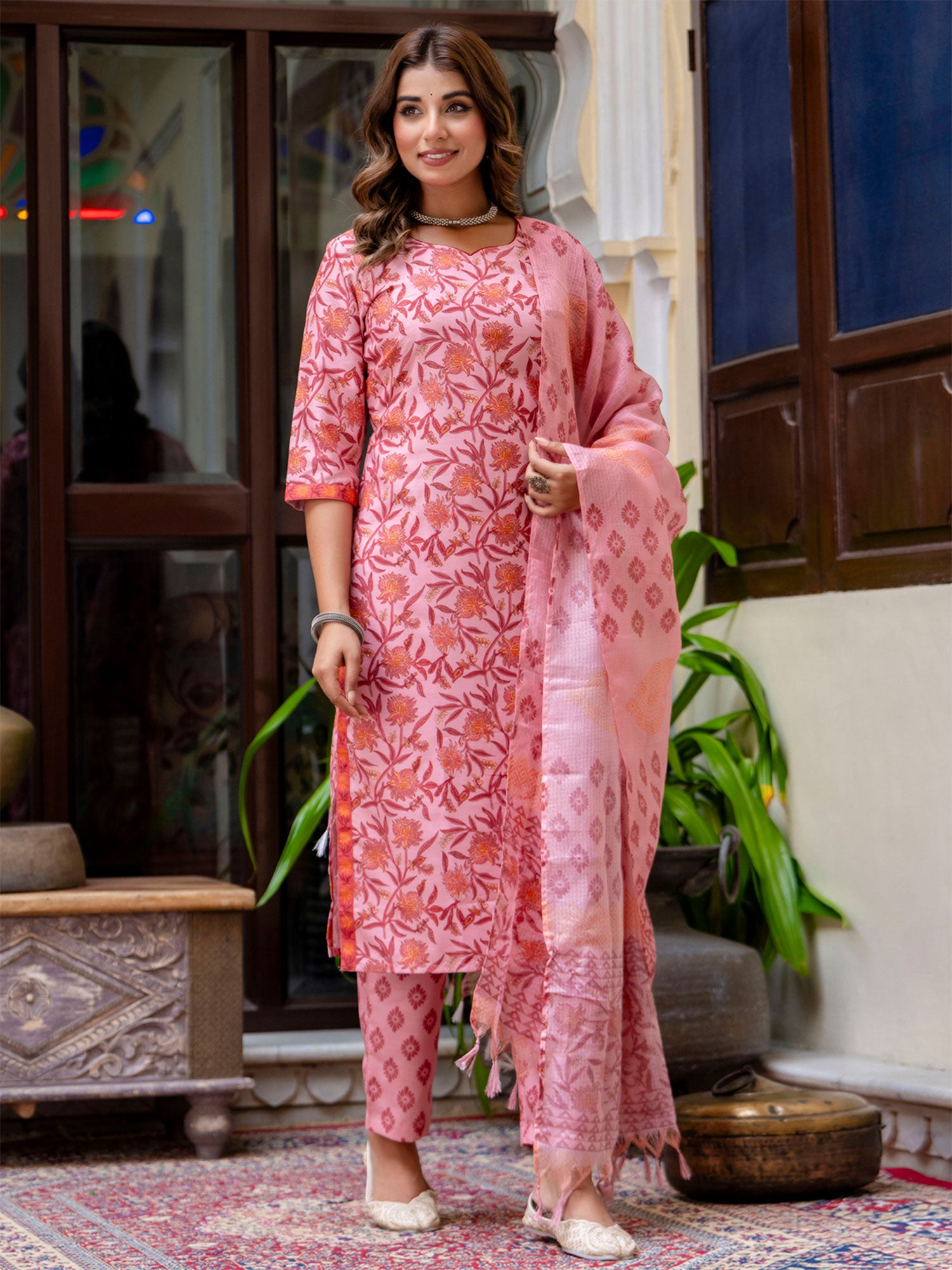 Peach Pant Style Salwar Suit In Floral Print