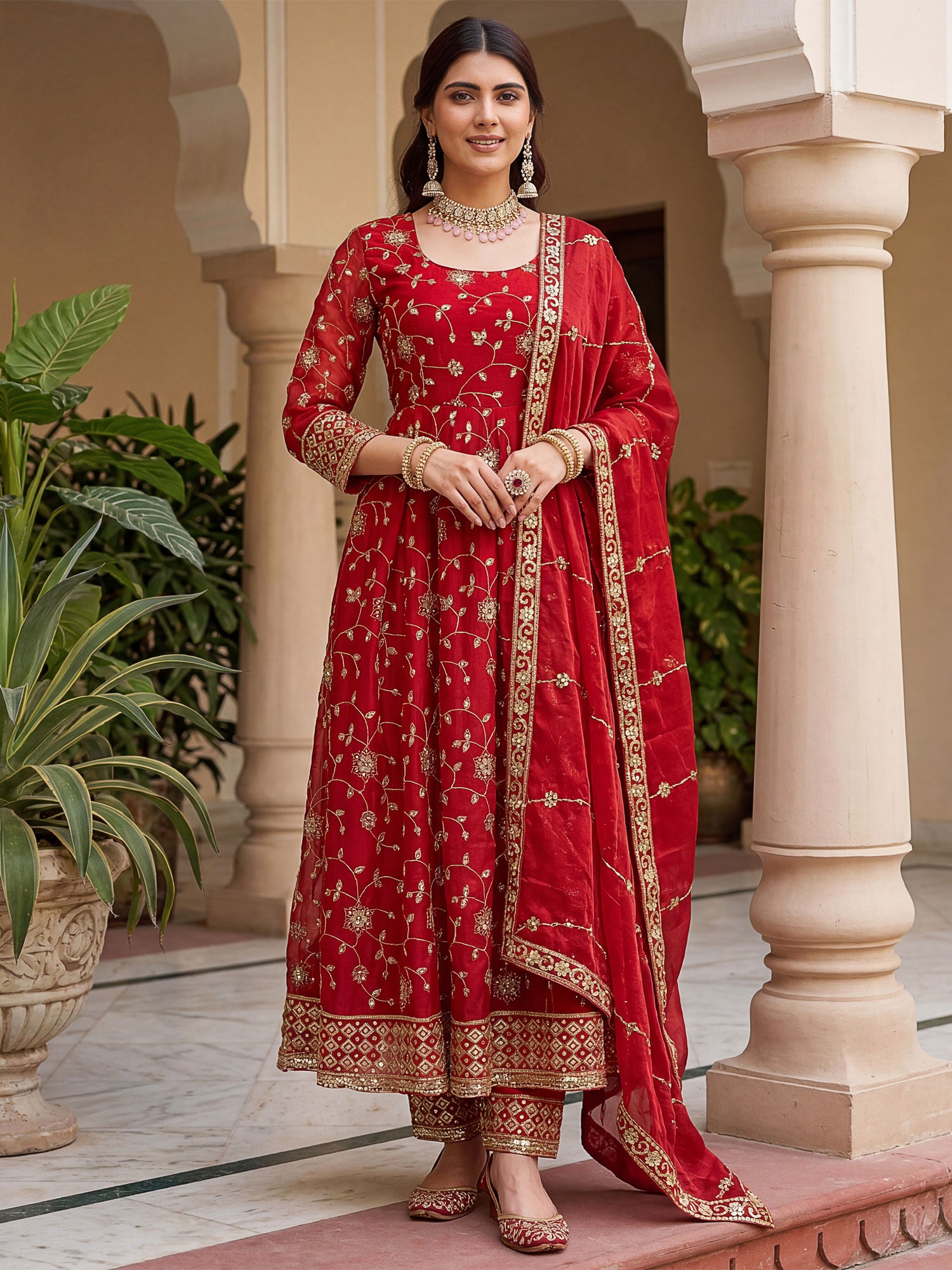 Red Floral Zari Embellished Salwar Kameez