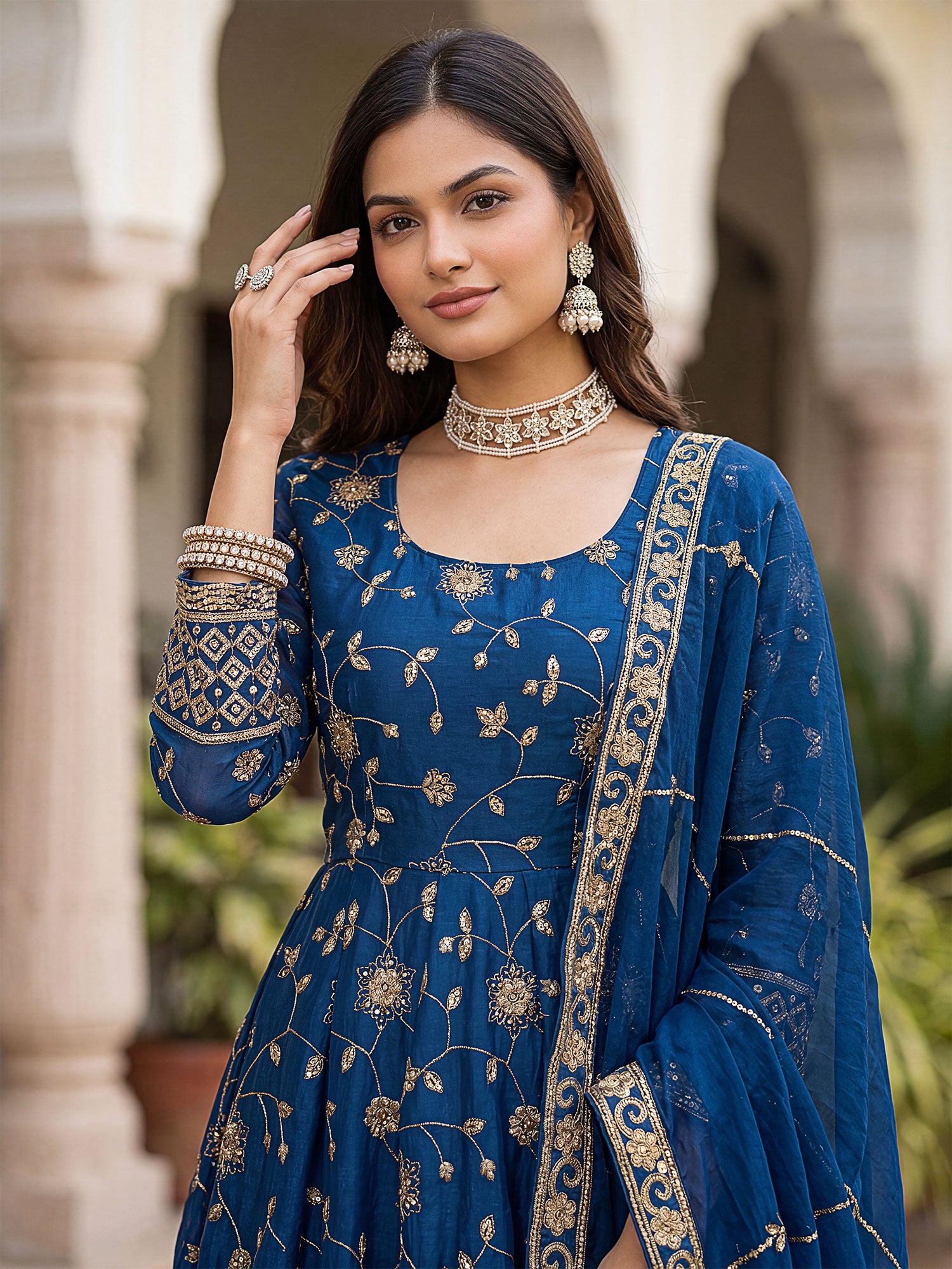 Blue Readymade Salwar Suit With Anarkali Kameez