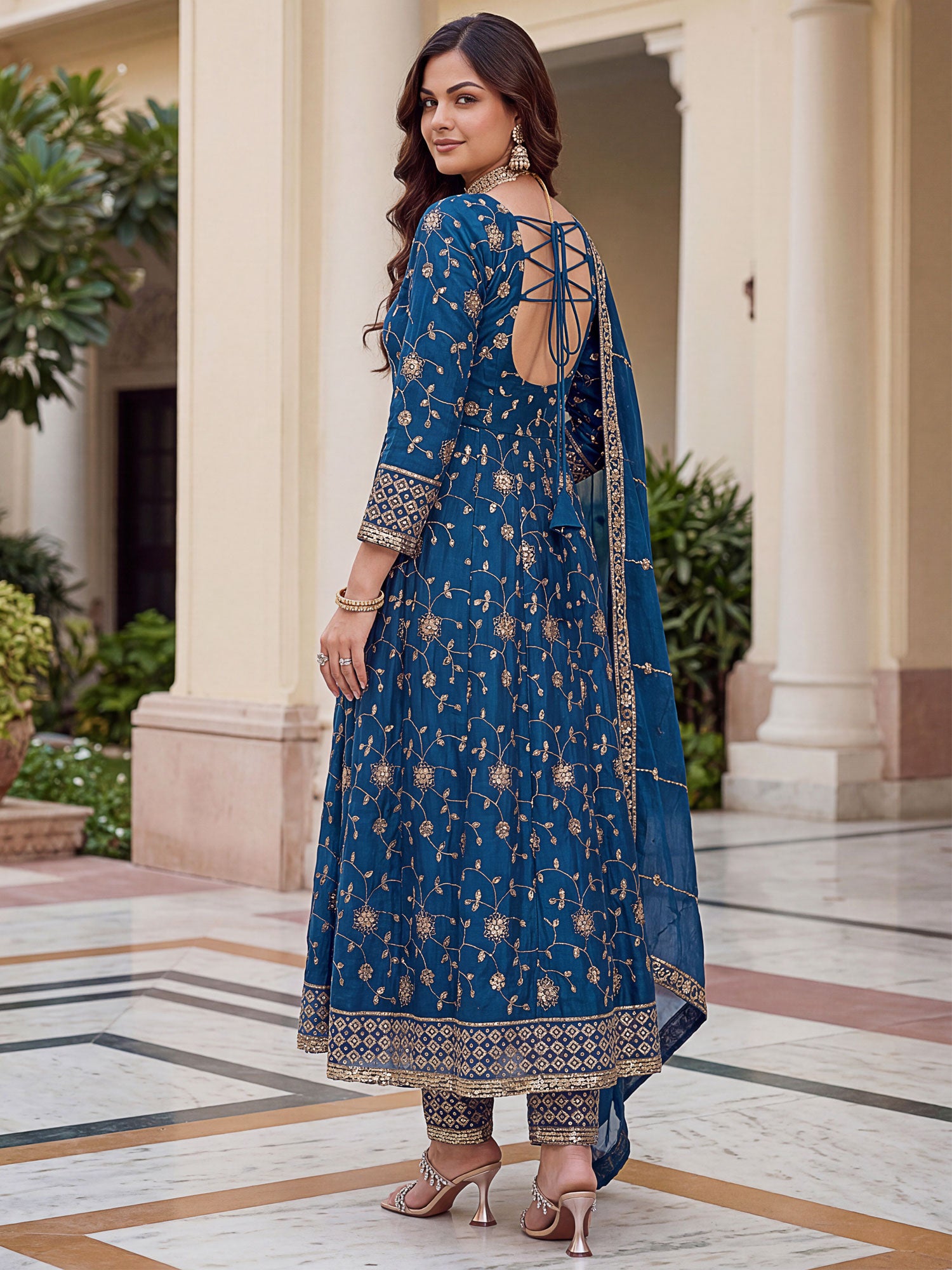 Blue Readymade Salwar Suit With Anarkali Kameez